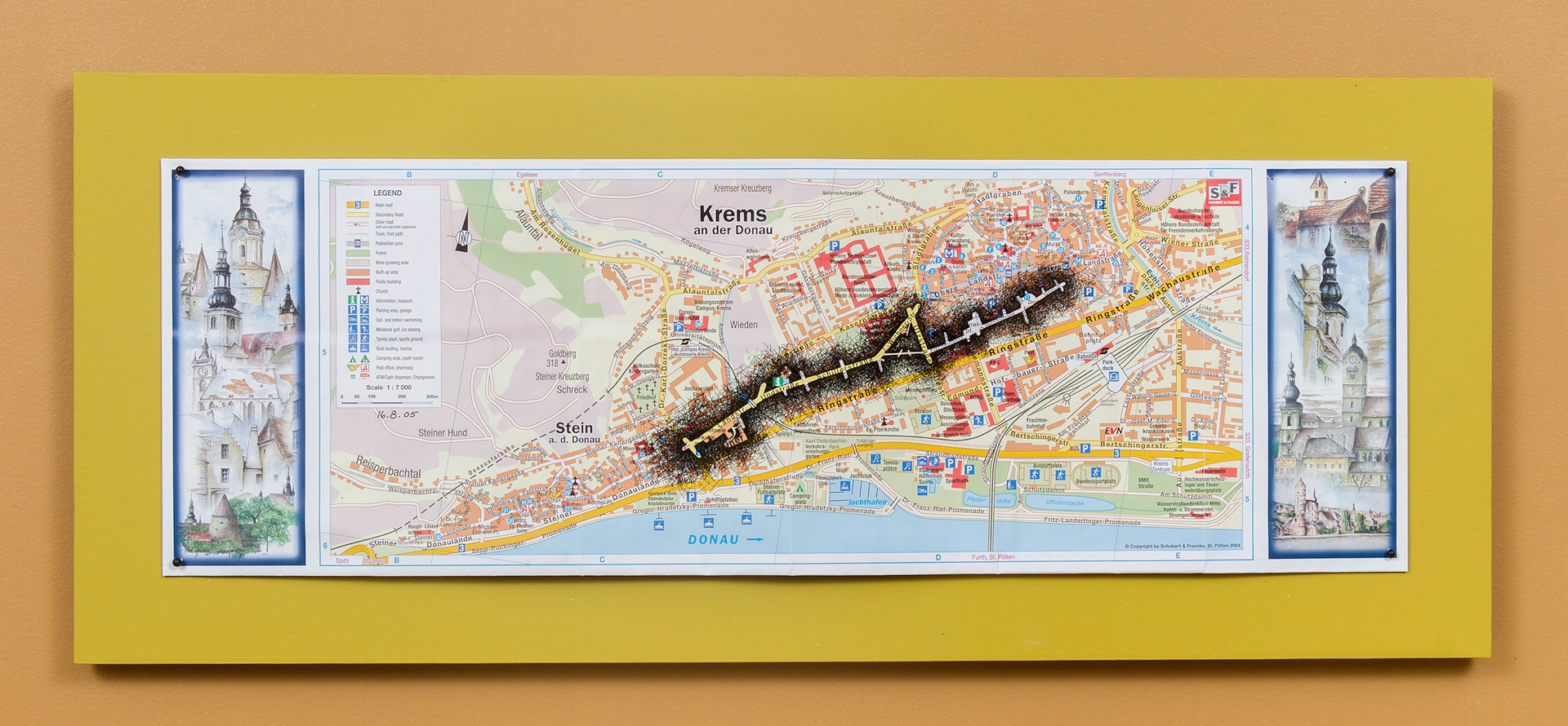 [K1a] Ant Farm Self-Portrait: Where did I travel within Krems-Stein, Austria from 25/7/05-18/8/05? - Day 23: 16/8/05, 2005-08 archival ink on tourist map pinned on painted wood panel 8 x 24 x 1 in (20.32 x 60.96 x 2.54 cm)