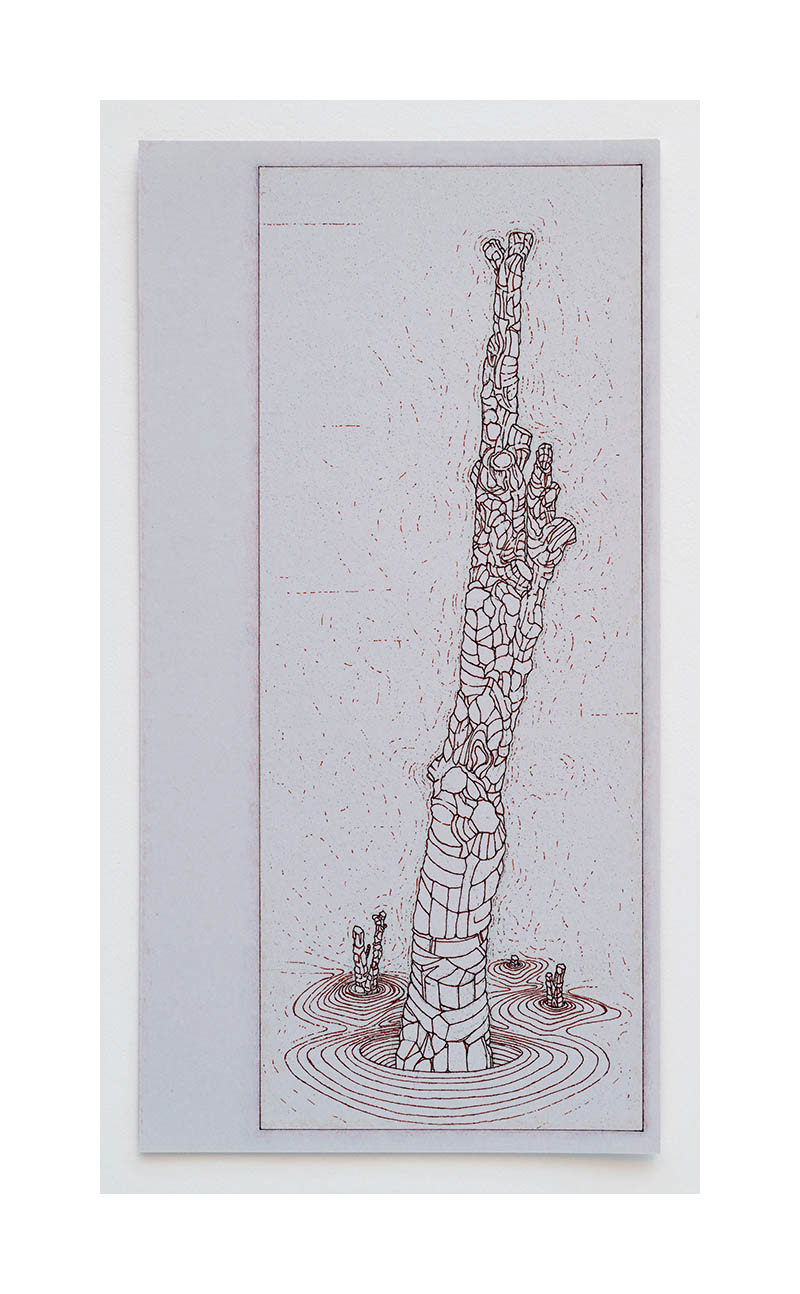 Amputated Wise Oak 2 - drawing study for stage set, 2023 ink and color pencil on card stock Paper size: 11 x 5.6 in (27.94 x 14.22 cm) Framed: 13.5 x 8.25 x 1.5 in (34.29 x 20.96 x 3.81 cm)