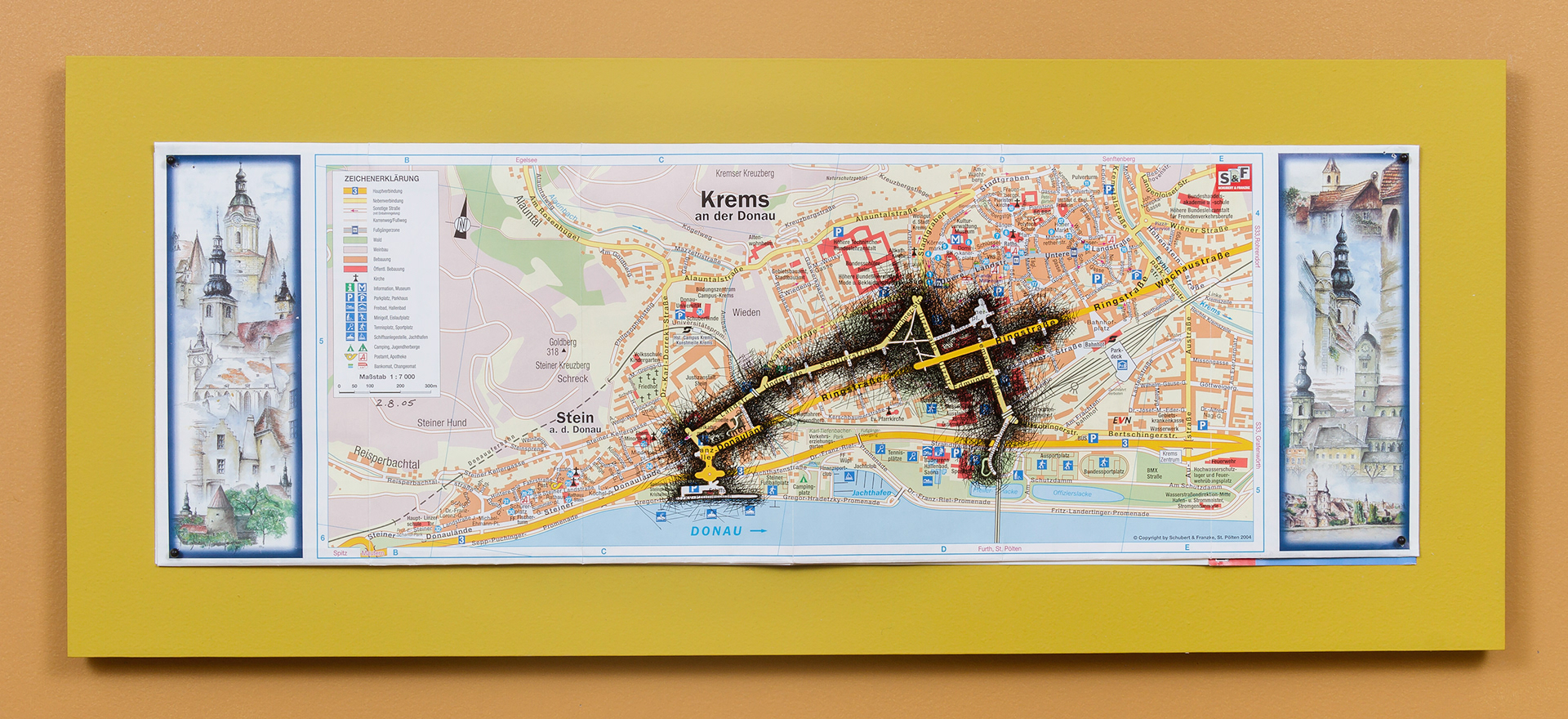[K1a] Ant Farm Self-Portrait: Where did I travel within Krems-Stein, Austria from 25/7/05-18/8/05? - Day 9: 2/8/05, 2005-08 archival ink on tourist map pinned on painted wood panel 8 x 24 x 1 in (20.32 x 60.96 x 2.54 cm)
