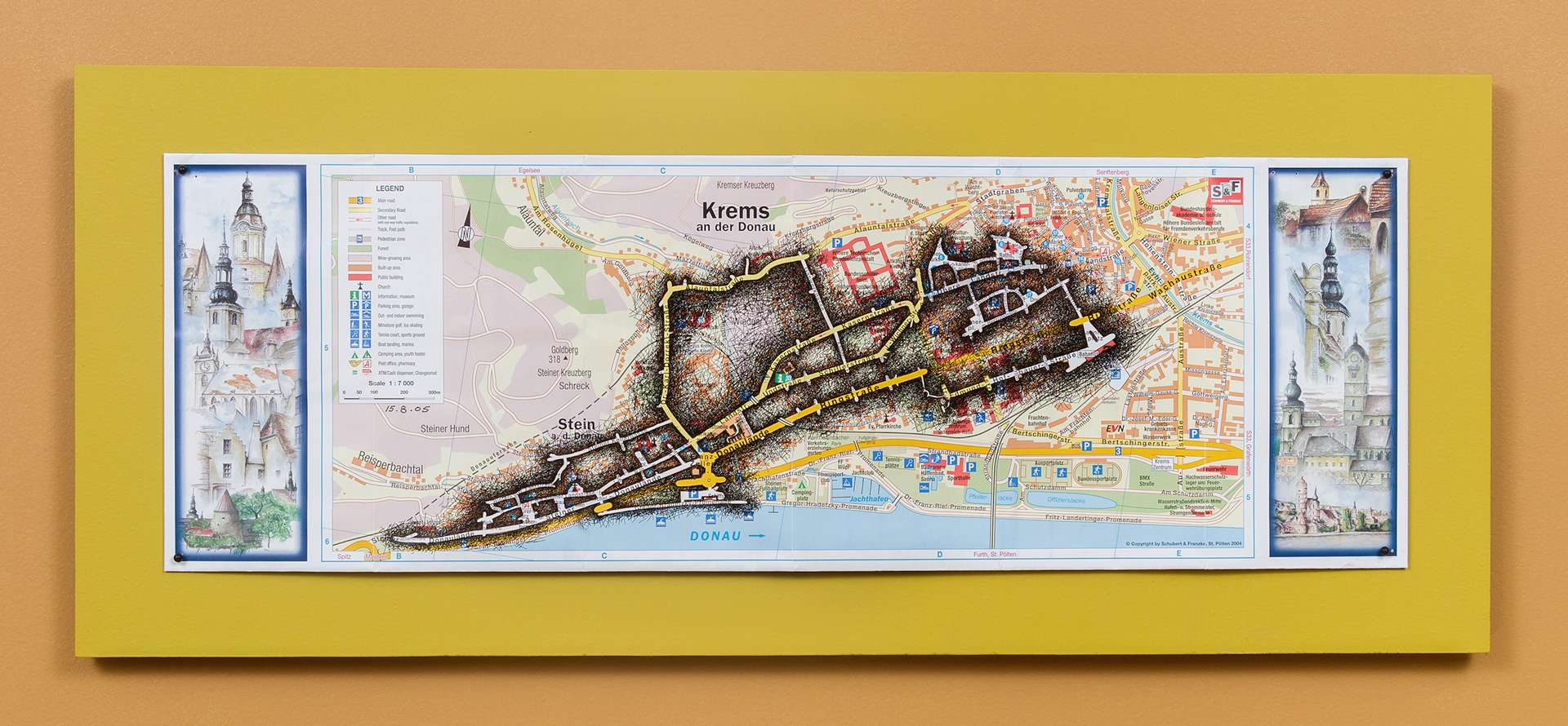 [K1a] Ant Farm Self-Portrait: Where did I travel within Krems-Stein, Austria from 25/7/05-18/8/05? - Day 22: 15/8/05, 2005-08 archival ink on tourist map pinned on painted wood panel 8 x 24 x 1 in (20.32 x 60.96 x 2.54 cm)