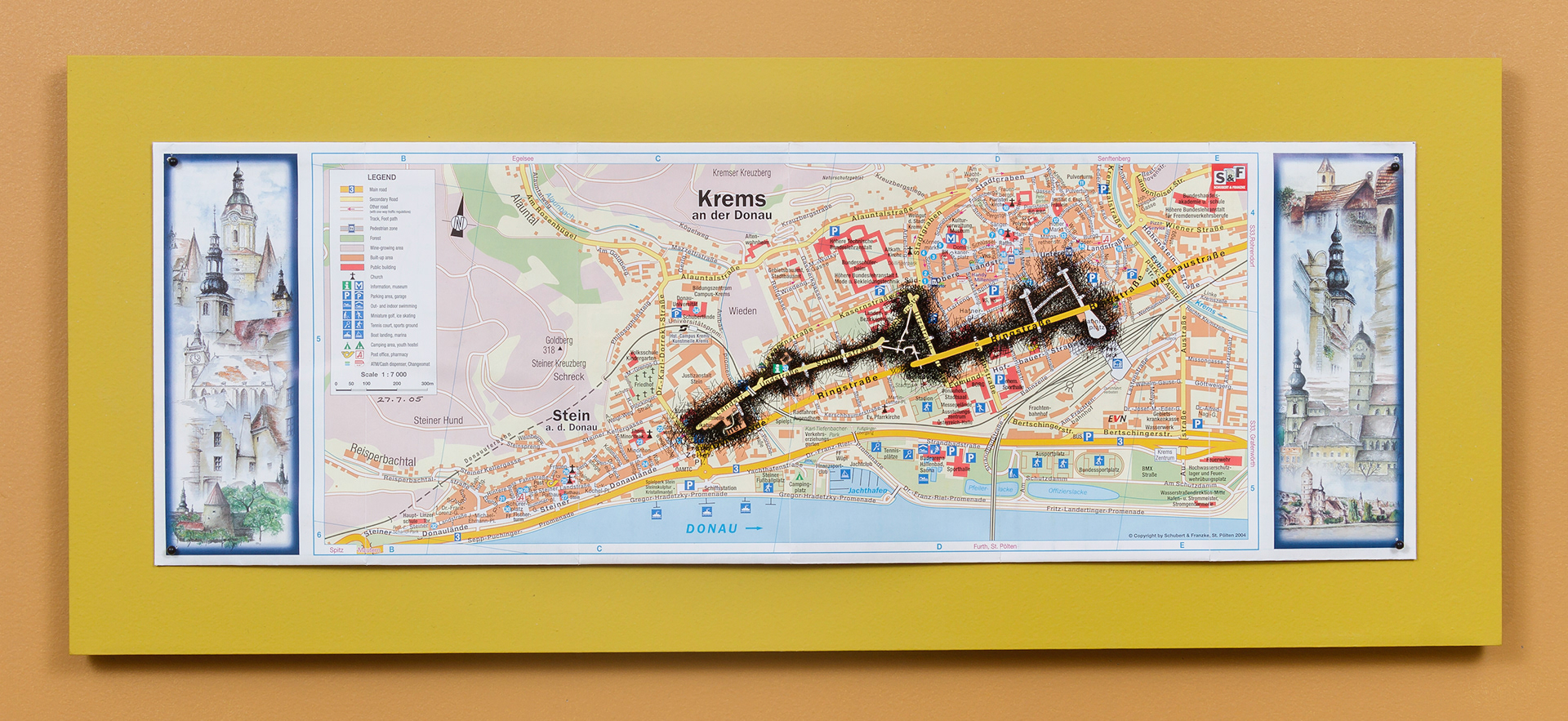 [K1a] Ant Farm Self-Portrait: Where did I travel within Krems-Stein, Austria from 25/7/05-18/8/05? - Day 3: 27/7/05, 2005-08 archival ink on tourist map pinned on painted wood panel 8 x 24 x 1 in (20.32 x 60.96 x 2.54 cm)