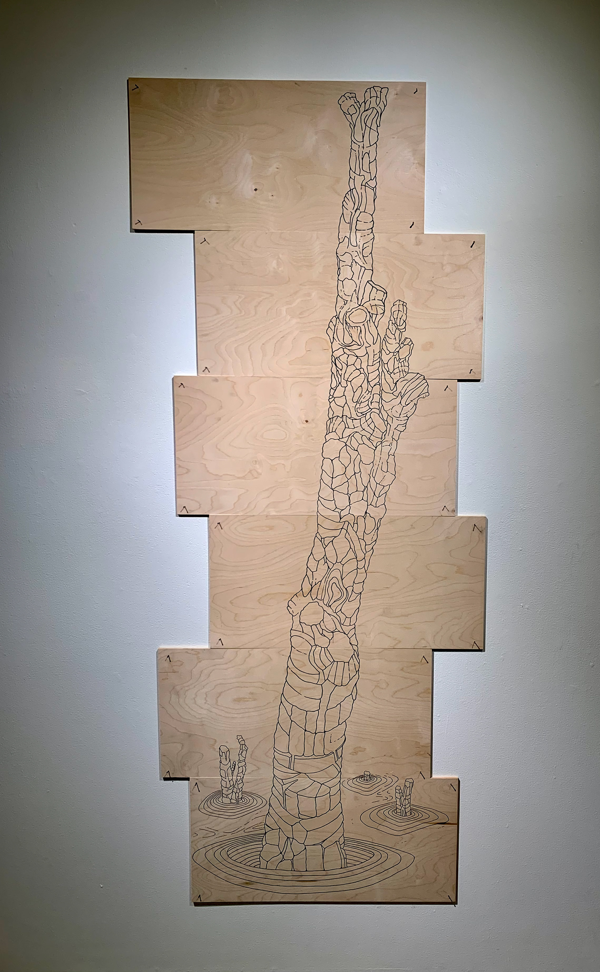 [W18] Amputated Wise Oak 2 - acrylic paint pen on pieced plywood, 2024 acrylic paint pen on pieced plywood nailed to panel 72 x 36 x 0.25 in (182.88 x 91.44 x 0.64 cm)