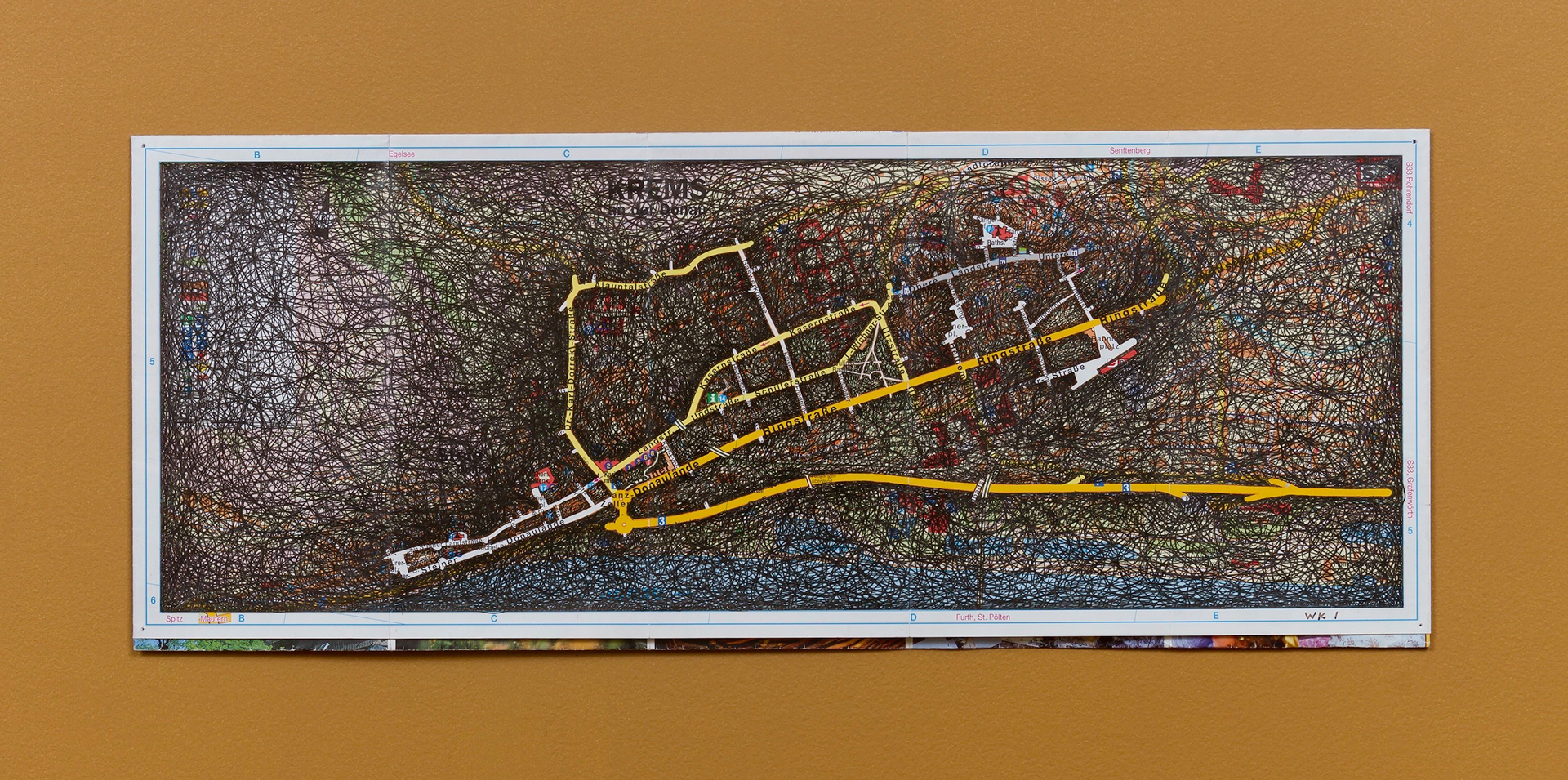 [K1b] Ant Farm Self-Portrait: Where did I travel within Krems-Stein, Austria from 25/7/05-18/8/05? - Week 1: 25/7/05-31/7/05, 2005-08 archival ink on tourist map 8 x 20 in (20.32 x 50.8 cm)