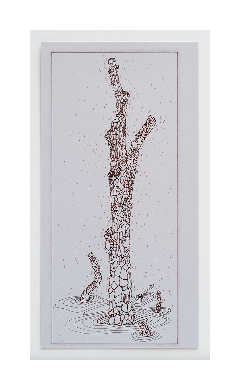 Amputated Wise Oak 4 - drawing study for stage set, 2023 ink and color pencil on card stock Paper size: 11 x 5.6 in (27.94 x 14.22 cm) Framed: 13.5 x 8.25 x 1.5 in (34.29 x 20.96 x 3.81 cm)