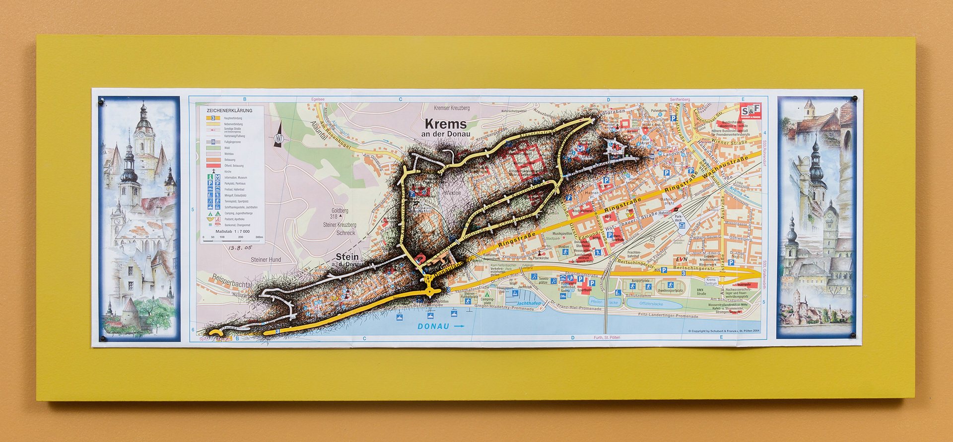 [K1a] Ant Farm Self-Portrait: Where did I travel within Krems-Stein, Austria from 25/7/05-18/8/05? - Day 20: 13/8/05, 2005-08 archival ink on tourist map pinned on painted wood panel 8 x 24 x 1 in (20.32 x 60.96 x 2.54 cm)
