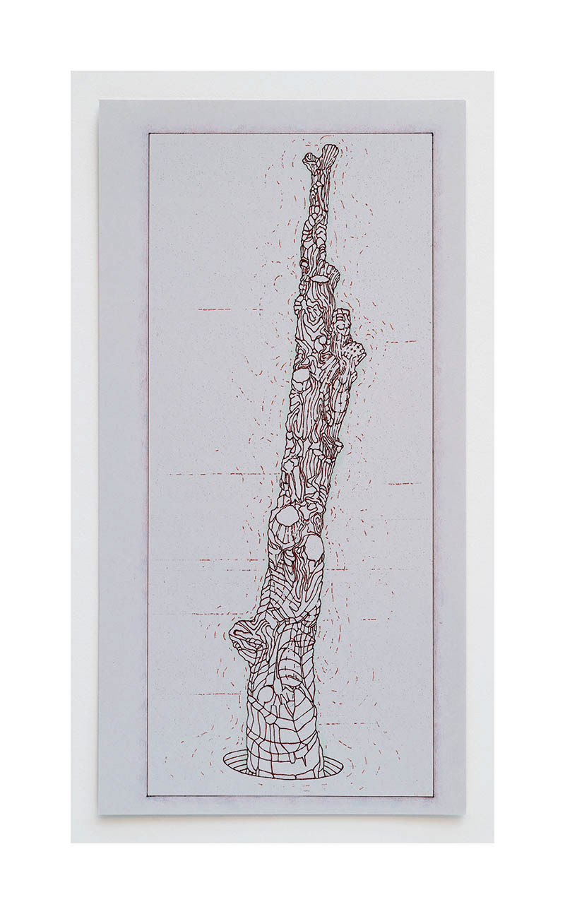 Amputated Wise Oak 1 - drawing study for stage set, 2023 ink and color pencil on card stock Paper size: 11 x 5.6 in (27.94 x 14.22 cm) Framed: 13.5 x 8.25 x 1.5 in (34.29 x 20.96 x 3.81 cm)