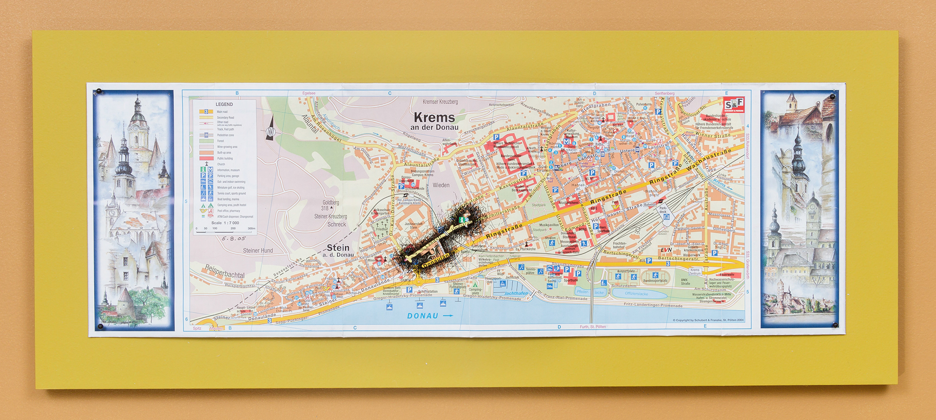 [K1a] Ant Farm Self-Portrait: Where did I travel within Krems-Stein, Austria from 25/7/05-18/8/05? - Day 12: 5/8/05, 2005-08 archival ink on tourist map pinned on painted wood panel 8 x 24 x 1 in (20.32 x 60.96 x 2.54 cm)