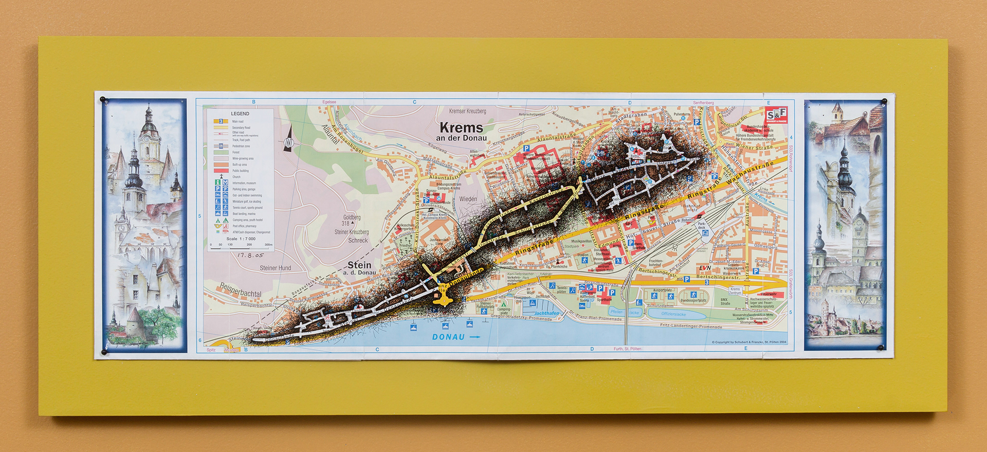 [K1a] Ant Farm Self-Portrait: Where did I travel within Krems-Stein, Austria from 25/7/05-18/8/05? - Day 24: 17/8/05, 2005-08 archival ink on tourist map pinned on painted wood panel 8 x 24 x 1 in (20.32 x 60.96 x 2.54 cm)