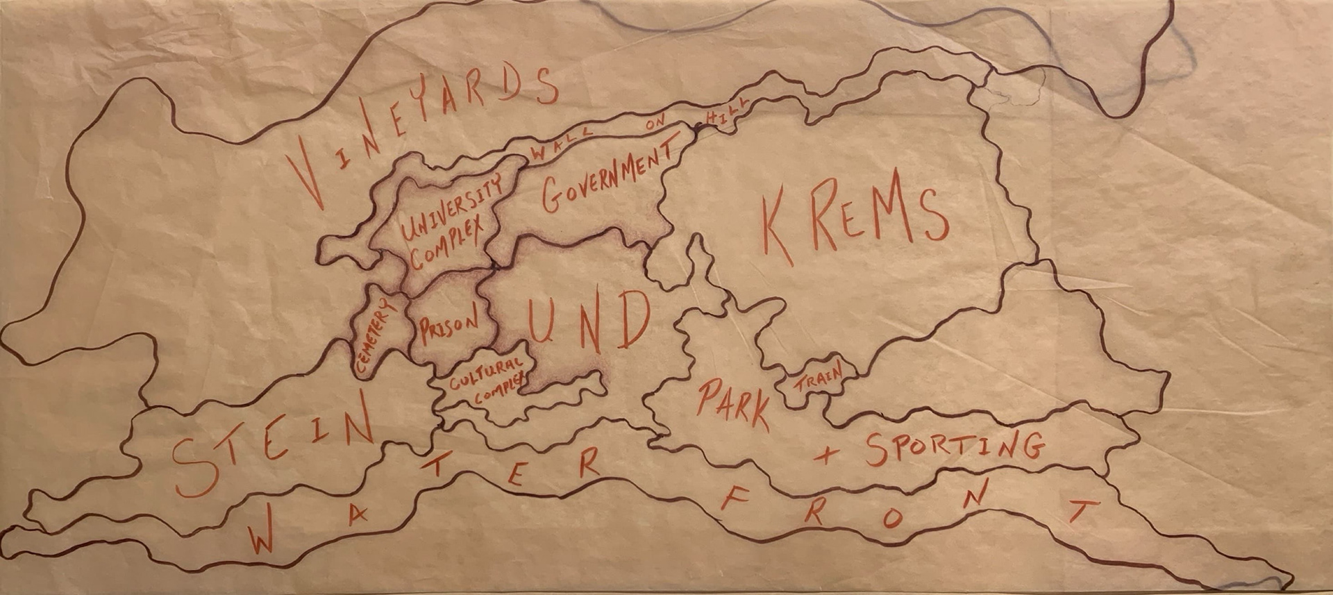 [K1b] Ant Farm Self-Portrait: Where did I travel within Krems-Stein, Austria from 25/7/05-18/8/05? - Krems-Stein Diagram #2, 2005-08 marker and colored pencil on vellum 9.5 x 20.5 in (24.13 x 52.07 cm) Paper size: 9.5 x 20.5 in (24.13 x 52.07 cm)