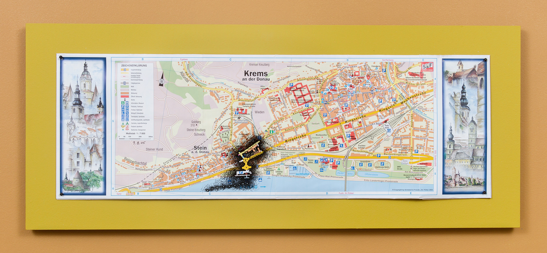 [K1a] Ant Farm Self-Portrait: Where did I travel within Krems-Stein, Austria from 25/7/05-18/8/05? - Day 16: 9/8/05, 2005-08 archival ink on tourist map pinned on painted wood panel 8 x 24 x 1 in (20.32 x 60.96 x 2.54 cm)
