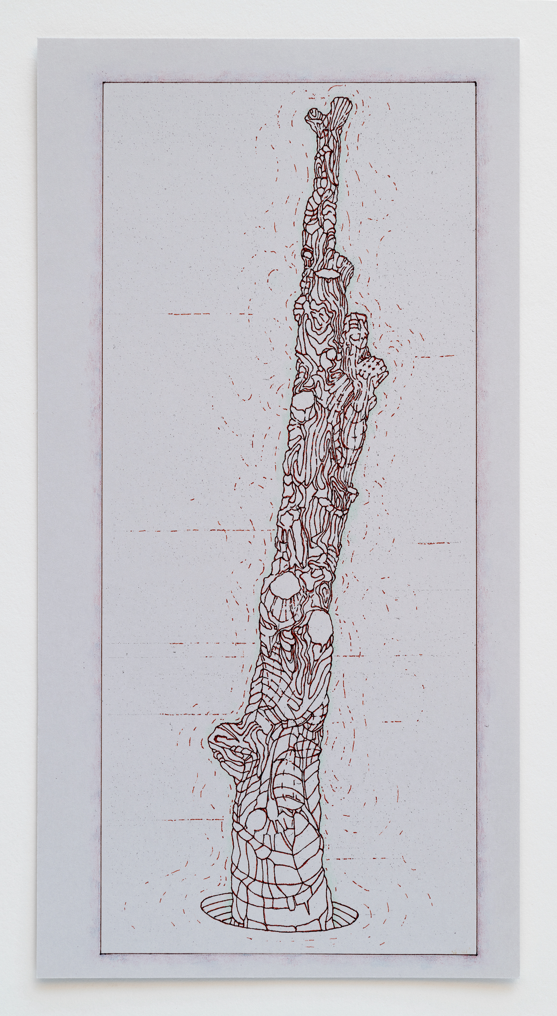 [W19] Amputated Wise Oak 1 - drawing study for stage set, 2023 ink and color pencil on card stock Paper size: 11 x 5.6 in (27.94 x 14.22 cm) Framed: 13.5 x 8.25 x 1.5 in (34.29 x 20.96 x 3.81 cm)