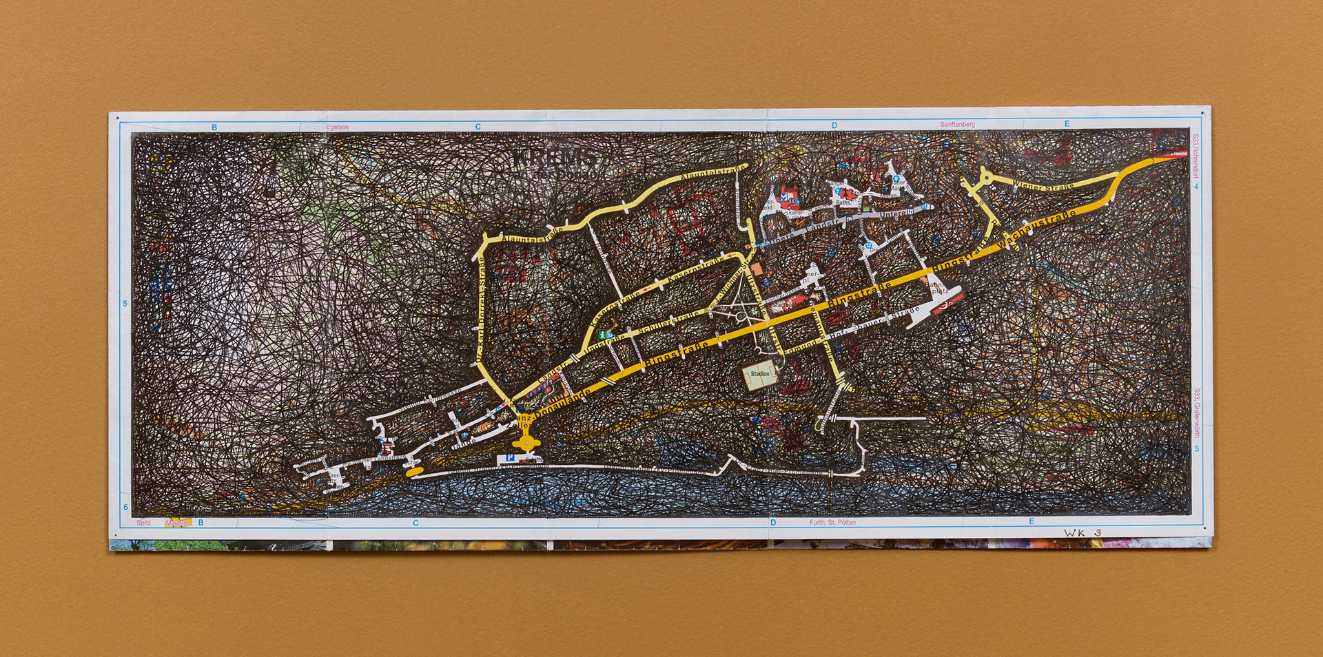 Ant Farm Self-Portrait: Where did I travel within Krems-Stein, Austria from 25/7/05-18/8/05? - Week 3: 8/8/05-14/8/05, 2005-08 archival ink on tourist map 8 x 20 in (20.32 x 50.8 cm)