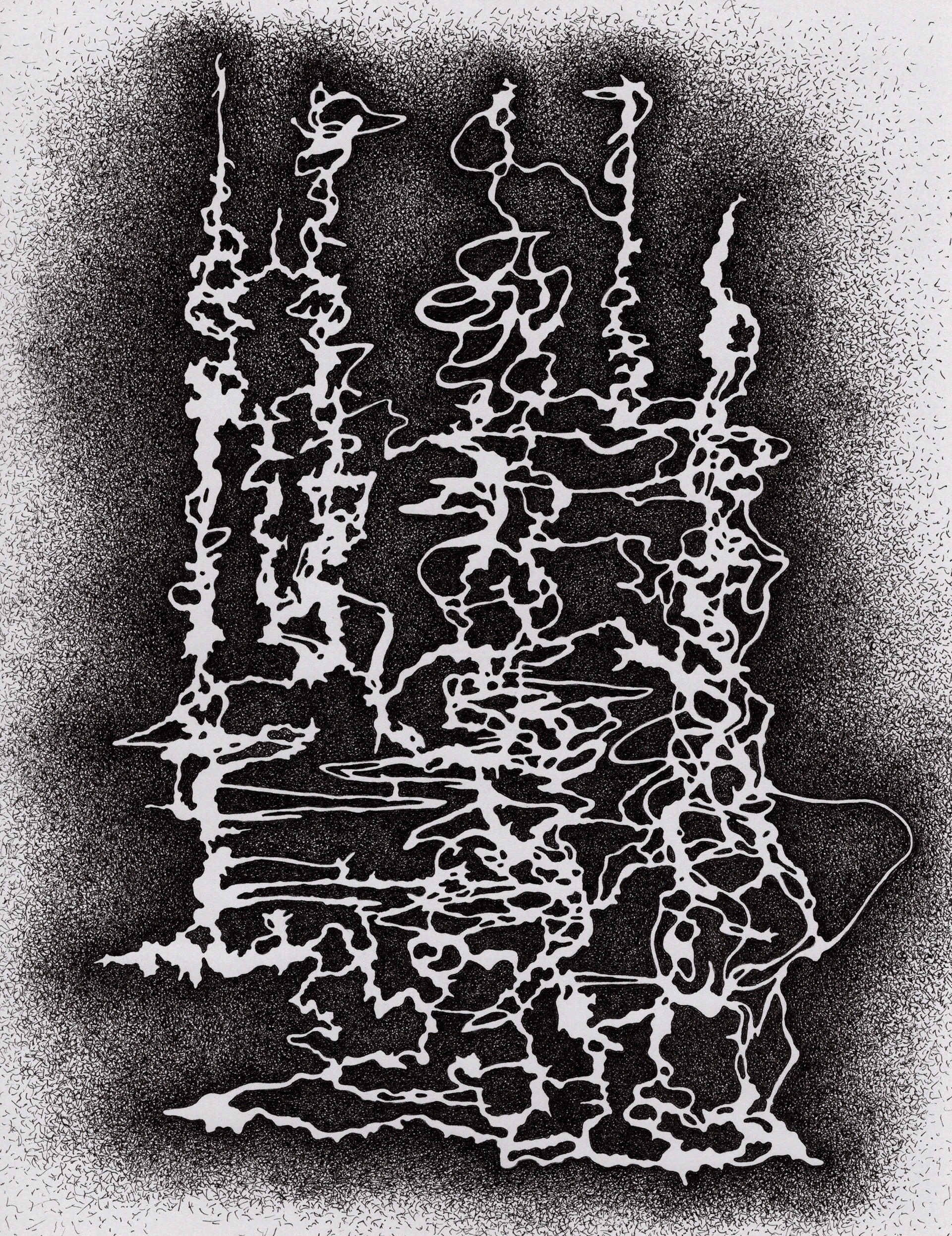 [W8] Amputated Wise Oak, Re-formed Gesture Studies Negative 10 for stage set, 2024 ink on gray card stock Paper size: 11 x 8 in (27.94 x 20.32 cm) Framed: 13 x 10 x 1.5 in (33.02 x 25.4 x 3.81 cm)