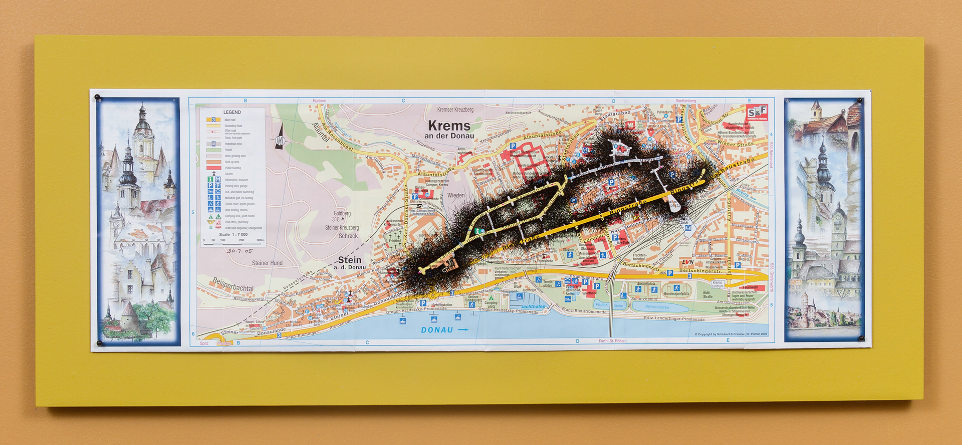 [K1a] Ant Farm Self-Portrait: Where did I travel within Krems-Stein, Austria from 25/7/05-18/8/05? - Day 6: 30/7/05, 2005-08 archival ink on tourist map pinned on painted wood panel 8 x 24 x 1 in (20.32 x 60.96 x 2.54 cm)
