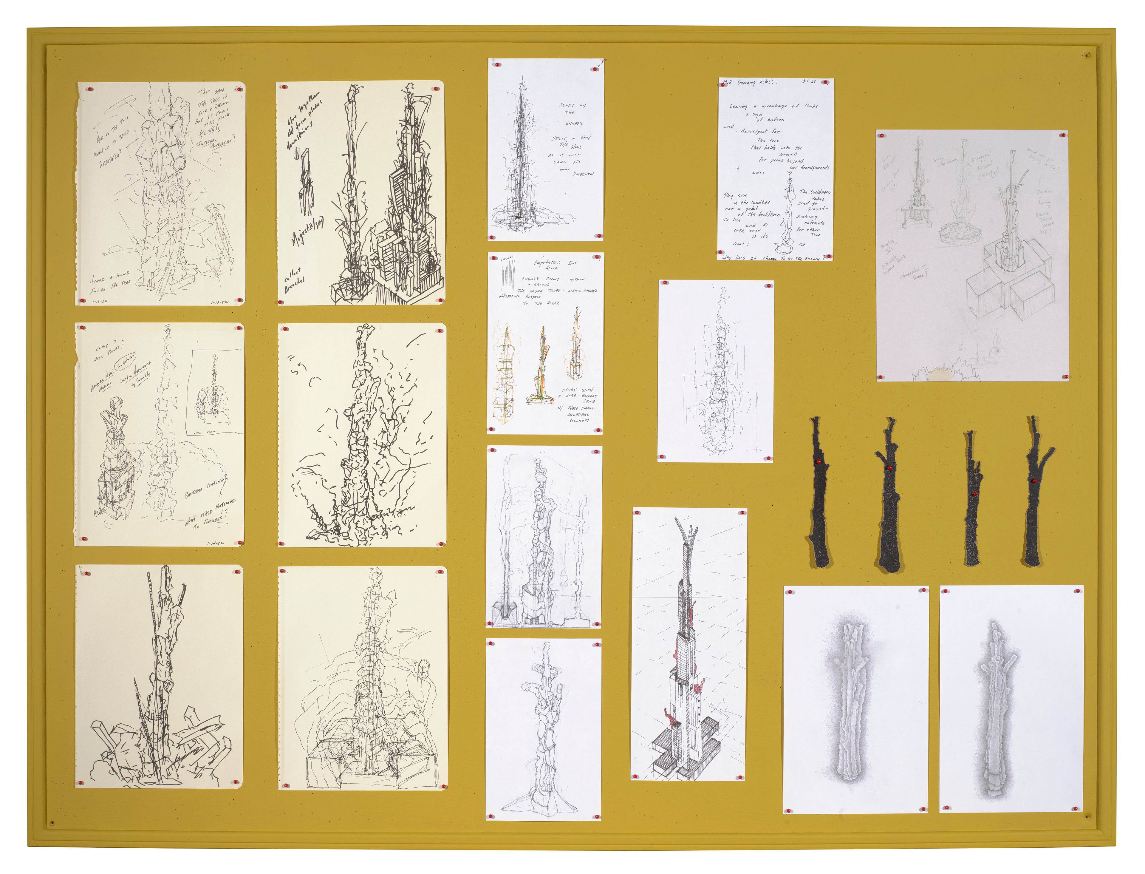 [W24 - 20 pieces] Wise One Study Drawings #2, 2022-25 bulletin board with study drawings 36 x 48 x 1 in (91.44 x 121.92 x 2.54 cm)
