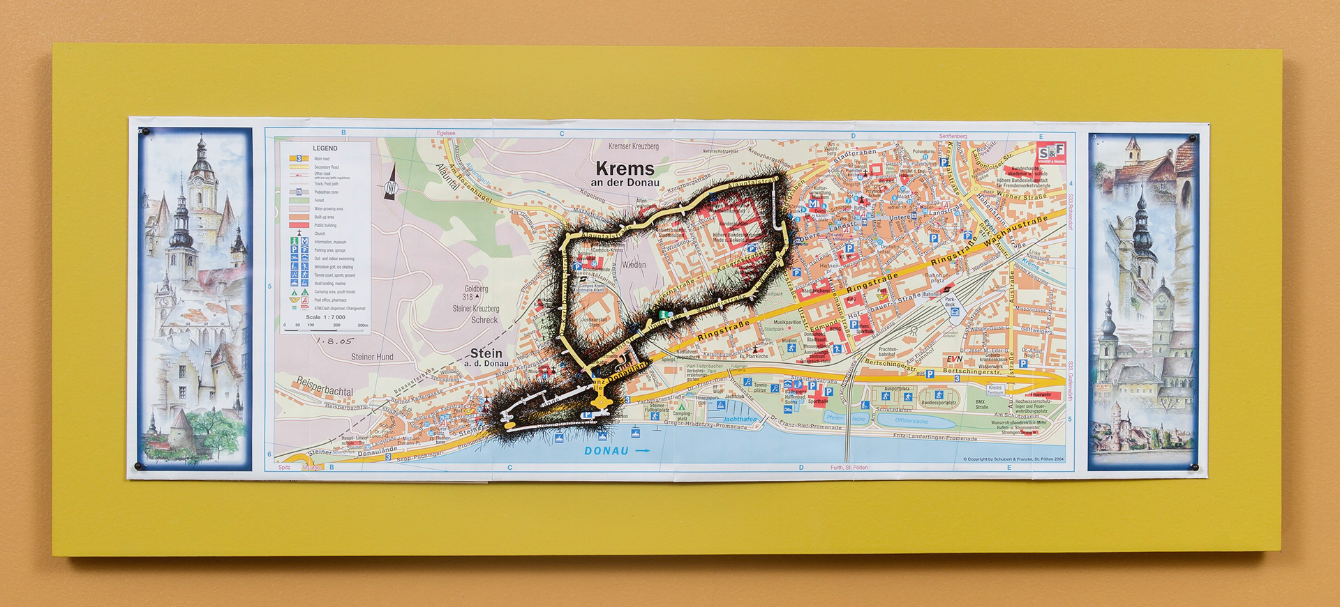 [K1a] Ant Farm Self-Portrait: Where did I travel within Krems-Stein, Austria from 25/7/05-18/8/05? - Day 8: 1/8/05, 2005-08 archival ink on tourist map pinned on painted wood panel 8 x 24 x 1 in (20.32 x 60.96 x 2.54 cm)