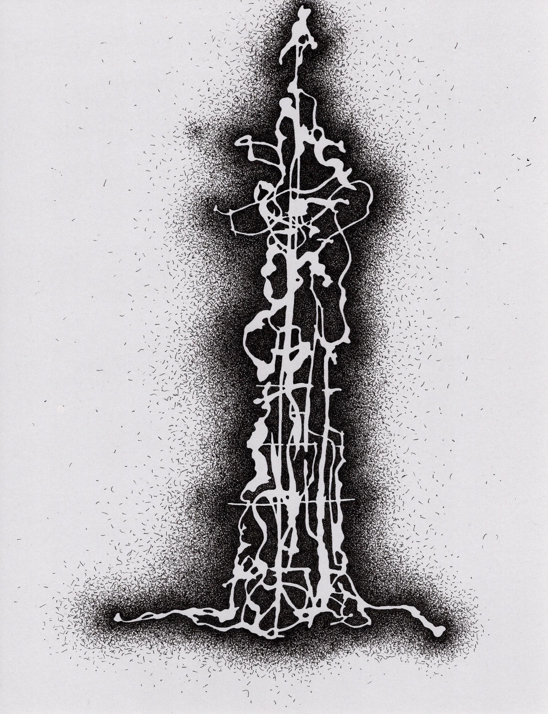 [W4] Amputated Wise Oak, Re-formed Gesture Studies Negative 5 for stage set, 2024 ink on gray card stock Paper size: 11 x 8 in (27.94 x 20.32 cm) Framed: 13 x 10 x 1.5 in (33.02 x 25.4 x 3.81 cm)