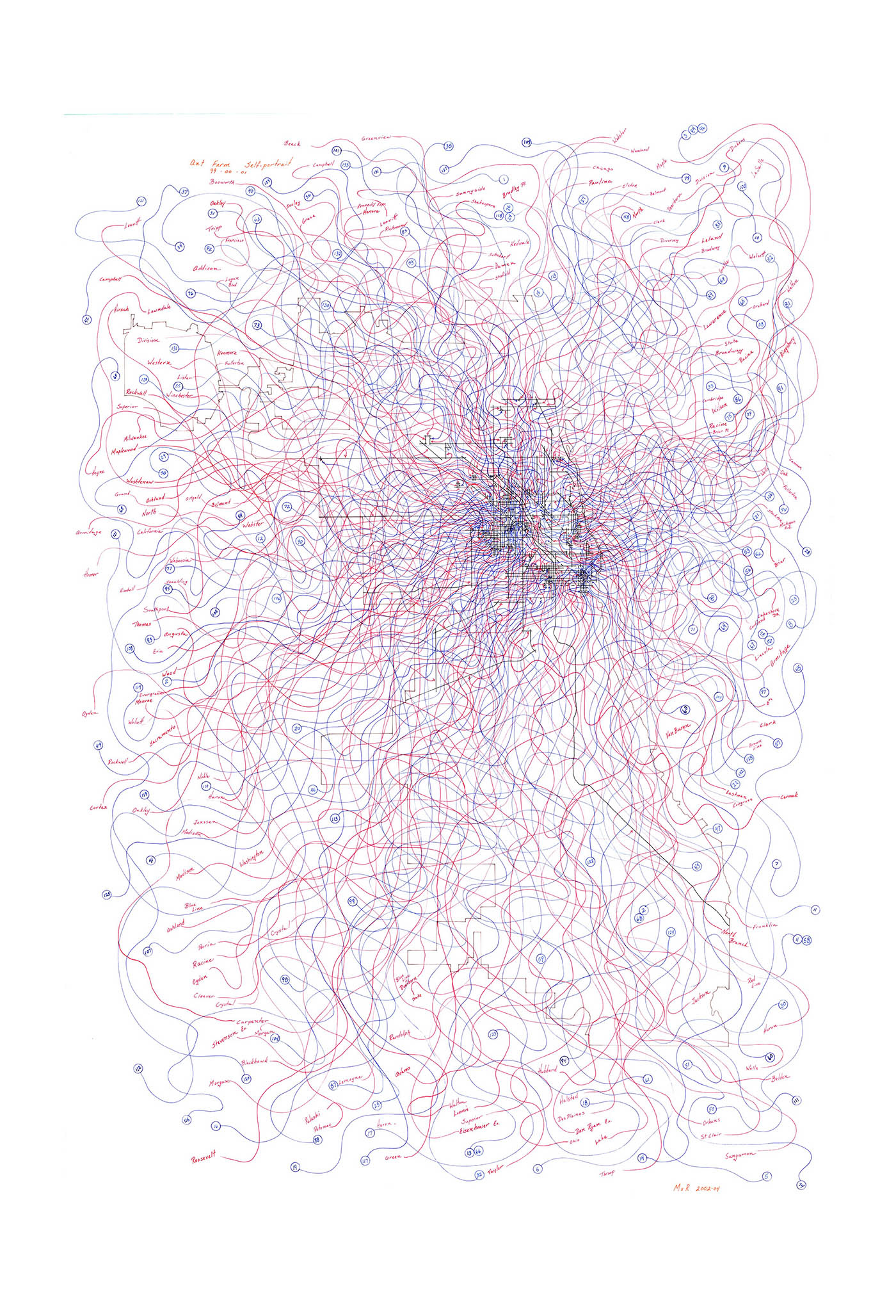 Ant Farm Self-Portrait: Where did I travel within the Chicago city limits...1999-2000-2001?/diagram, 2002-04 archival colored pens on vellum Framed: 62 x 41 x 2.5 in (157.48 x 104.14 x 6.35 cm)
