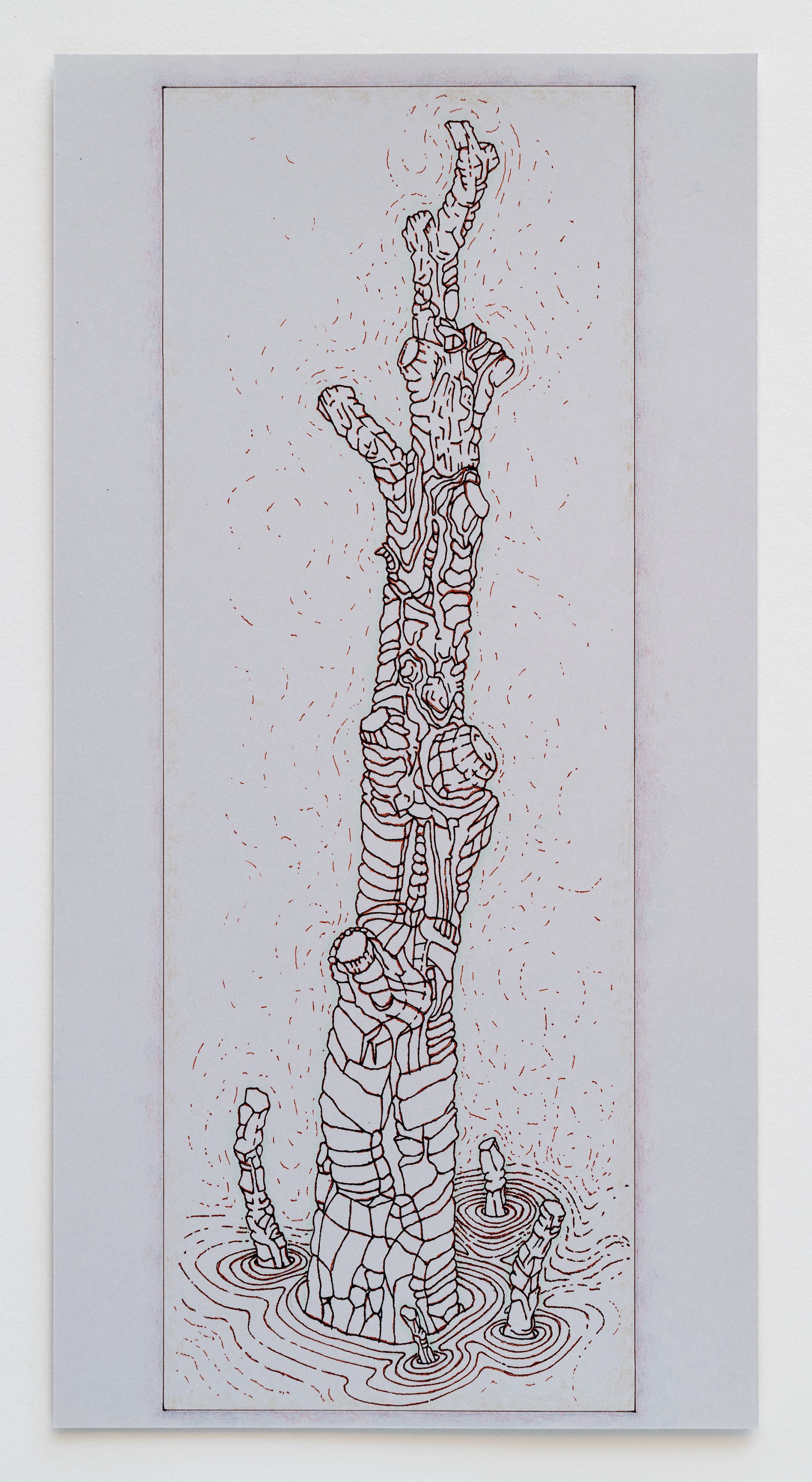 [W21] Amputated Wise Oak 3 - drawing study for stage set, 2023 ink and color pencil on card stock Paper size: 11 x 5.6 in (27.94 x 14.22 cm) Framed: 13.5 x 8.25 x 1.5 in (34.29 x 20.96 x 3.81 cm)