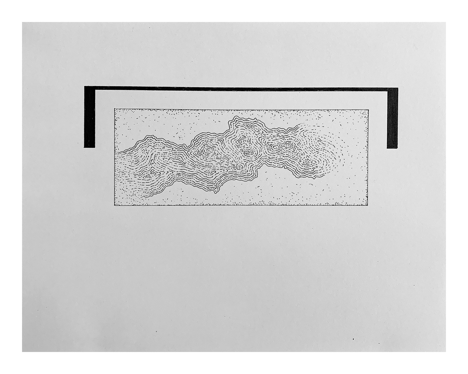 Ox-Bow Water-line prep drawing #6 for Malmo installation, 2021 ink and color pencil on card stock Paper size: 8.5 x 11 in (21.59 x 27.94 cm) Framed: 9 x 11.5 x 0.5 in (22.86 x 29.21 x 1.27 cm)