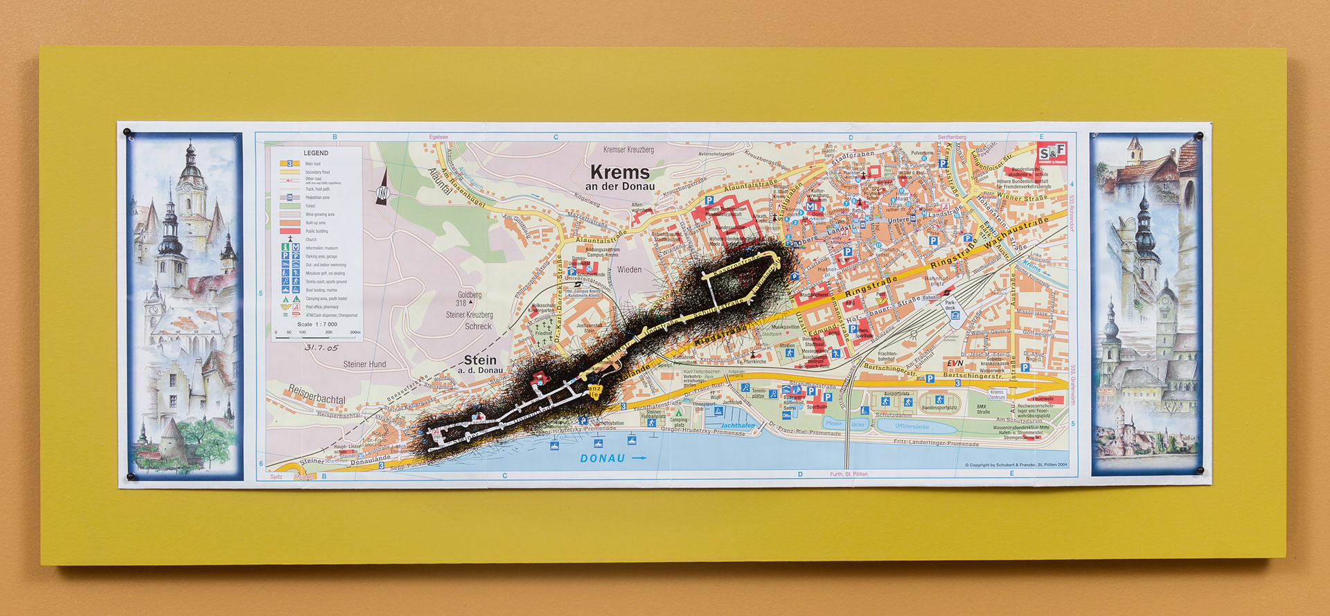 [K1a] Ant Farm Self-Portrait: Where did I travel within Krems-Stein, Austria from 25/7/05-18/8/05? - Day 7: 31/7/05, 2005-08 archival ink on tourist map pinned on painted wood panel 8 x 24 x 1 in (20.32 x 60.96 x 2.54 cm)