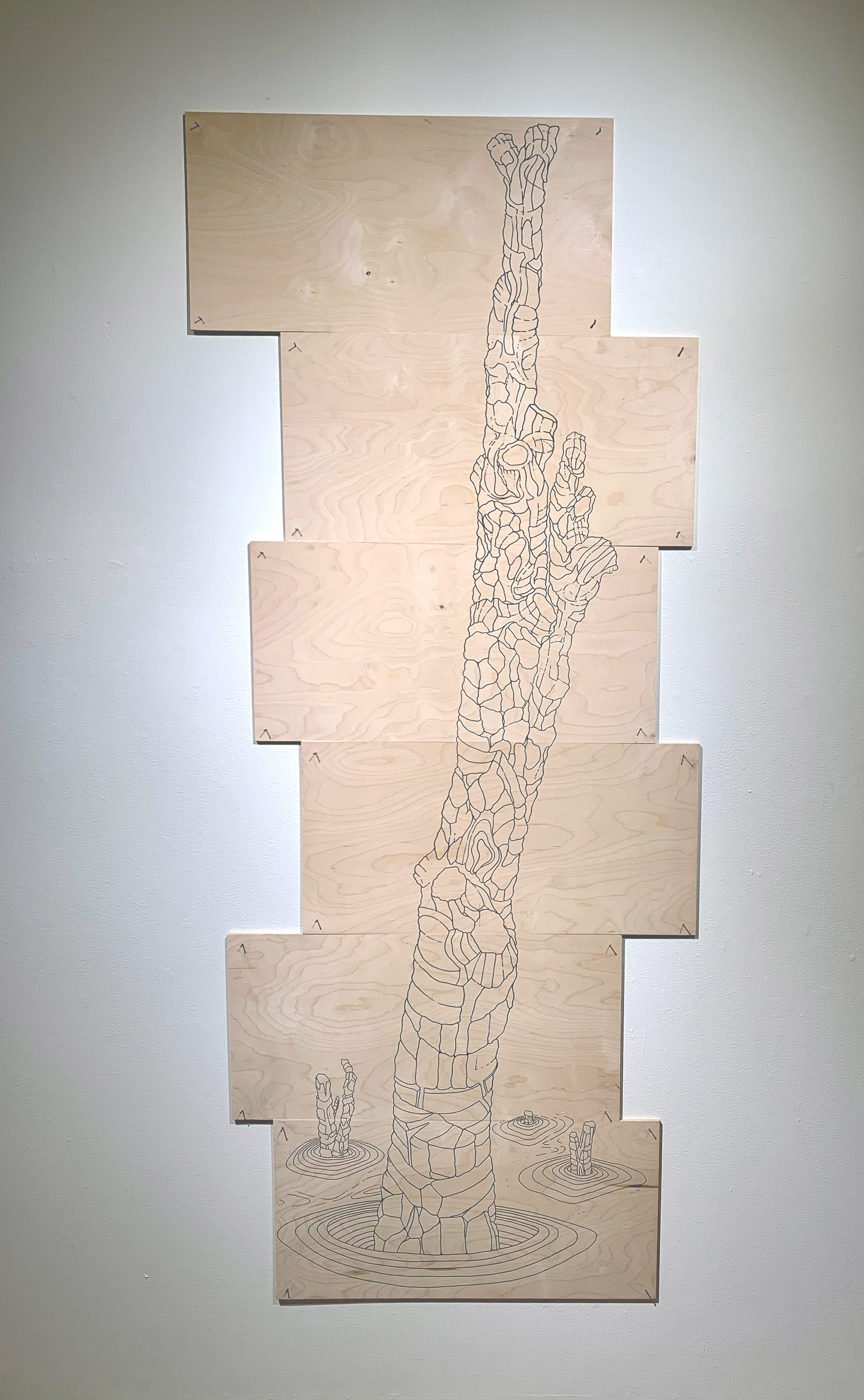 Amputated Wise Oak 2 - acrylic paint pen on pieced plywood, 2024 acrylic paint pen on pieced plywood nailed to panel 72 x 36 x 0.25 in (182.88 x 91.44 x 0.64 cm)