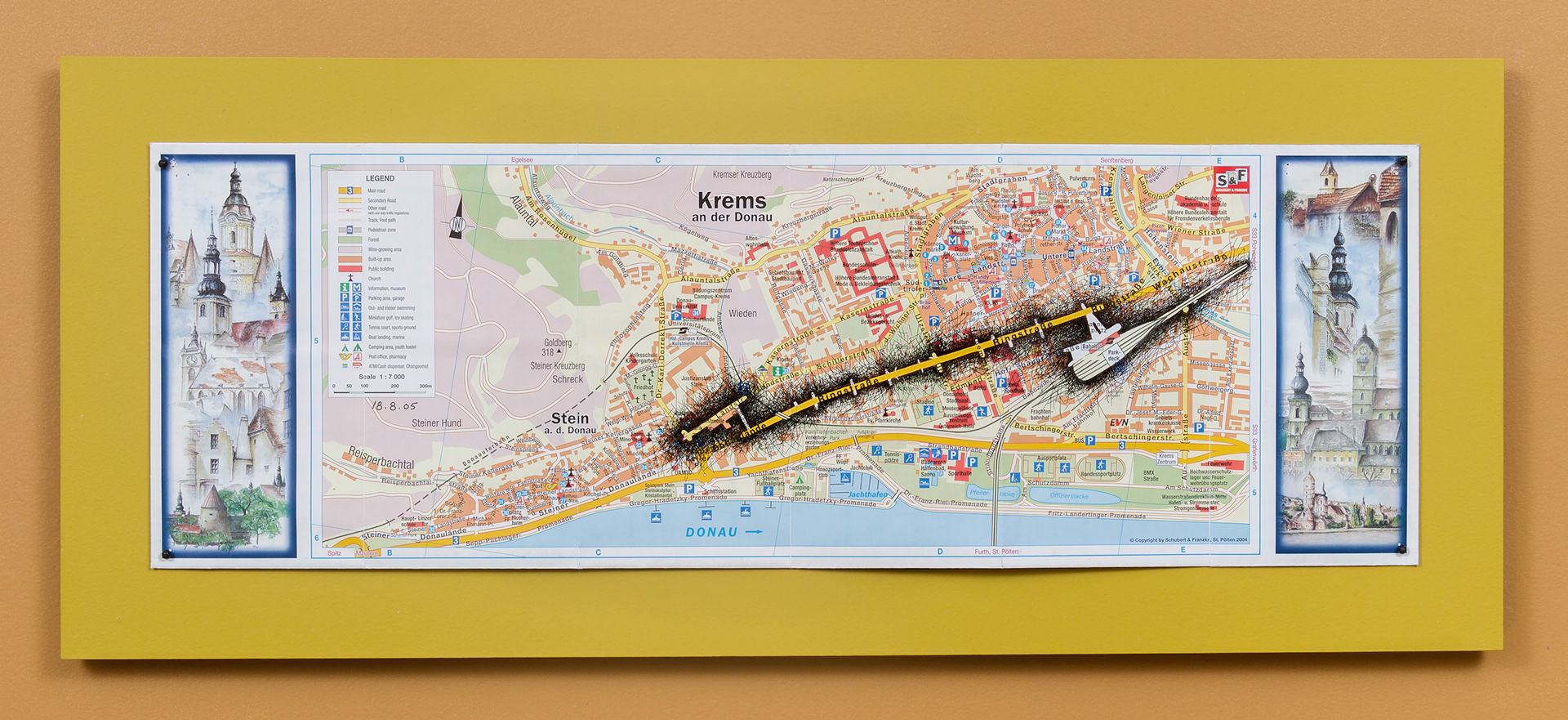[K1a] Ant Farm Self-Portrait: Where did I travel within Krems-Stein, Austria from 25/7/05-18/8/05? - Day 25: 18/8/05, 2005-08 archival ink on tourist map pinned on painted wood panel 8 x 24 x 1 in (20.32 x 60.96 x 2.54 cm)