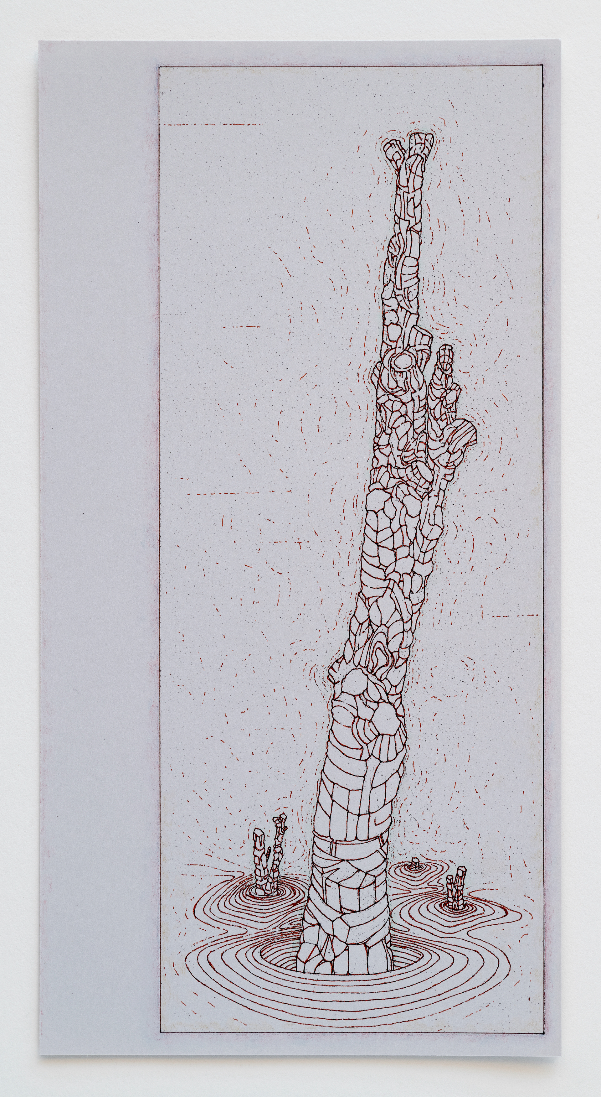 [W20] Amputated Wise Oak 2 - drawing study for stage set, 2023 ink and color pencil on card stock Paper size: 11 x 5.6 in (27.94 x 14.22 cm) Framed: 13.5 x 8.25 x 1.5 in (34.29 x 20.96 x 3.81 cm)