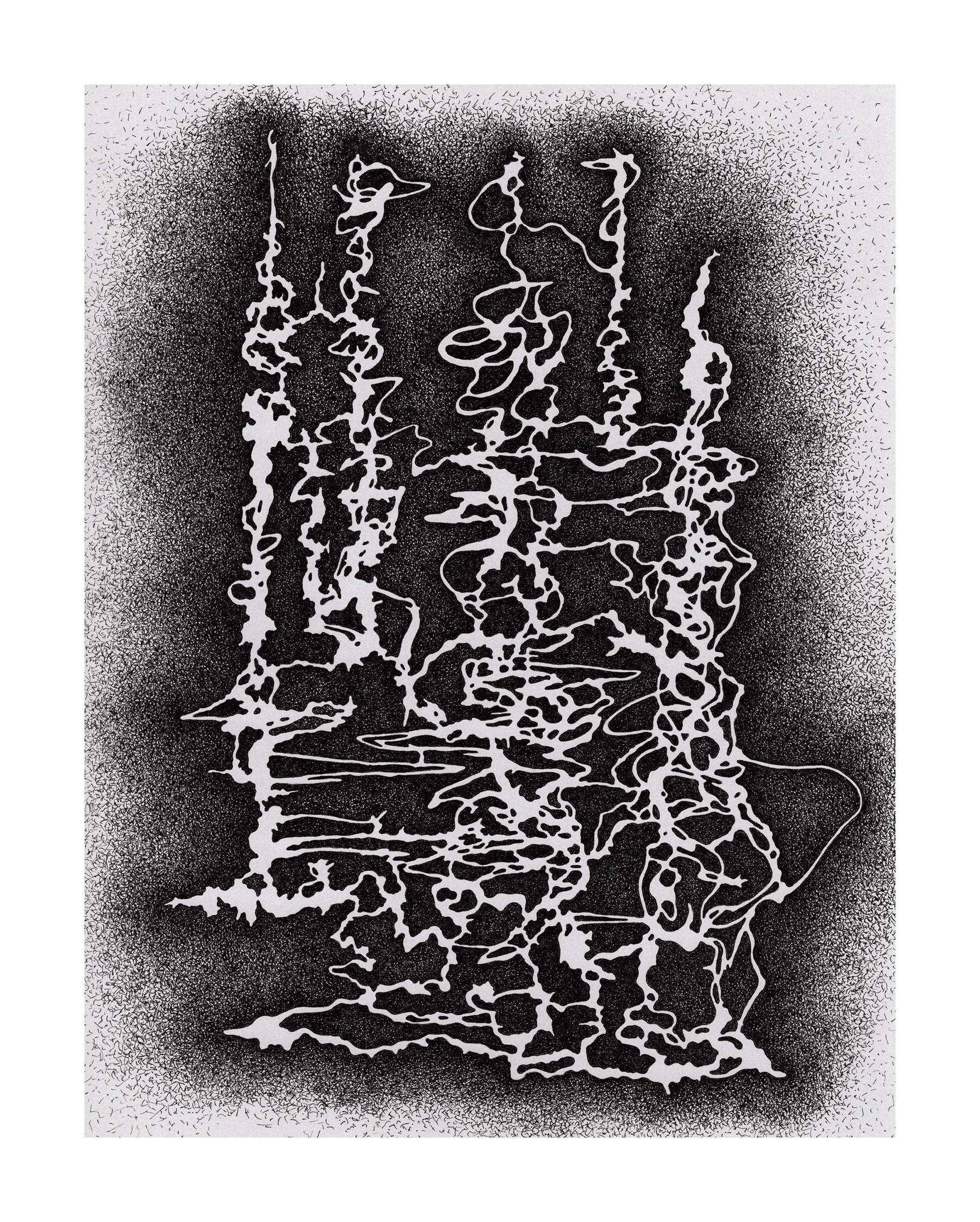 Amputated Wise Oak, Re-formed Gesture Studies Negative 10 for stage set, 2024 ink on gray card stock Paper size: 11 x 8 in (27.94 x 20.32 cm) Framed: 13 x 10 x 1.5 in (33.02 x 25.4 x 3.81 cm)