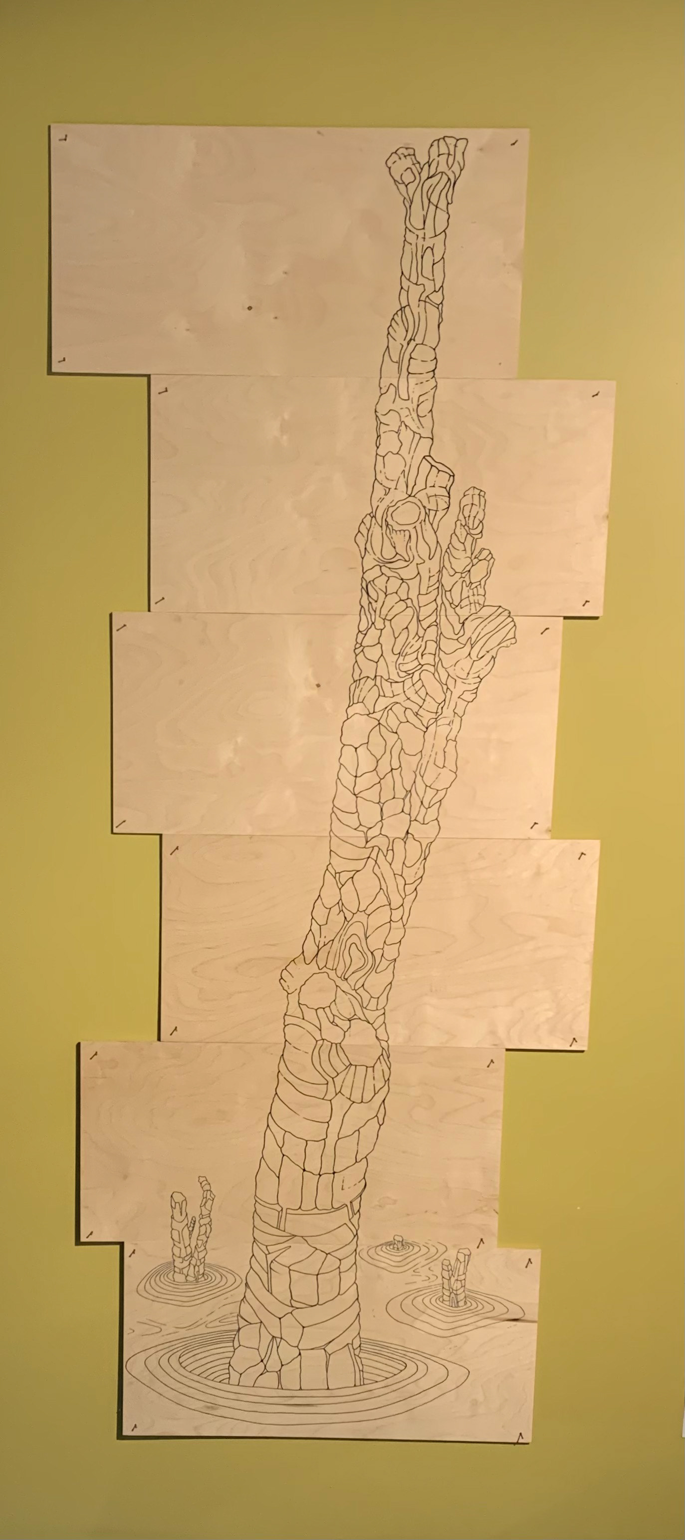 [W18] Amputated Wise Oak 2 - acrylic paint pen on pieced plywood, 2024 acrylic paint pen on pieced plywood nailed to panel 72 x 36 x 0.25 in (182.88 x 91.44 x 0.64 cm)