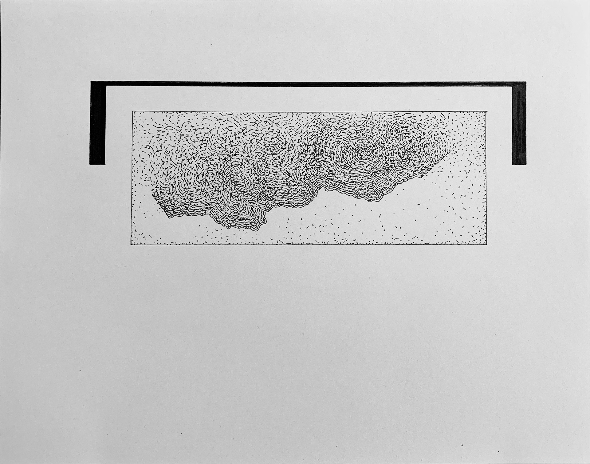 [OW8] Ox-Bow Water-line prep drawing #7 for Malmo installation, 2021 ink and color pencil on card stock Paper size: 8.5 x 11 in (21.59 x 27.94 cm) Framed: 9 x 11.5 x 0.5 in (22.86 x 29.21 x 1.27 cm)