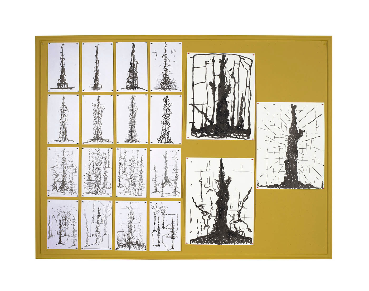 Wise One Study Drawings #1, 2022-25 bulletin board with study drawings 36 x 48 x 1 in (91.44 x 121.92 x 2.54 cm)