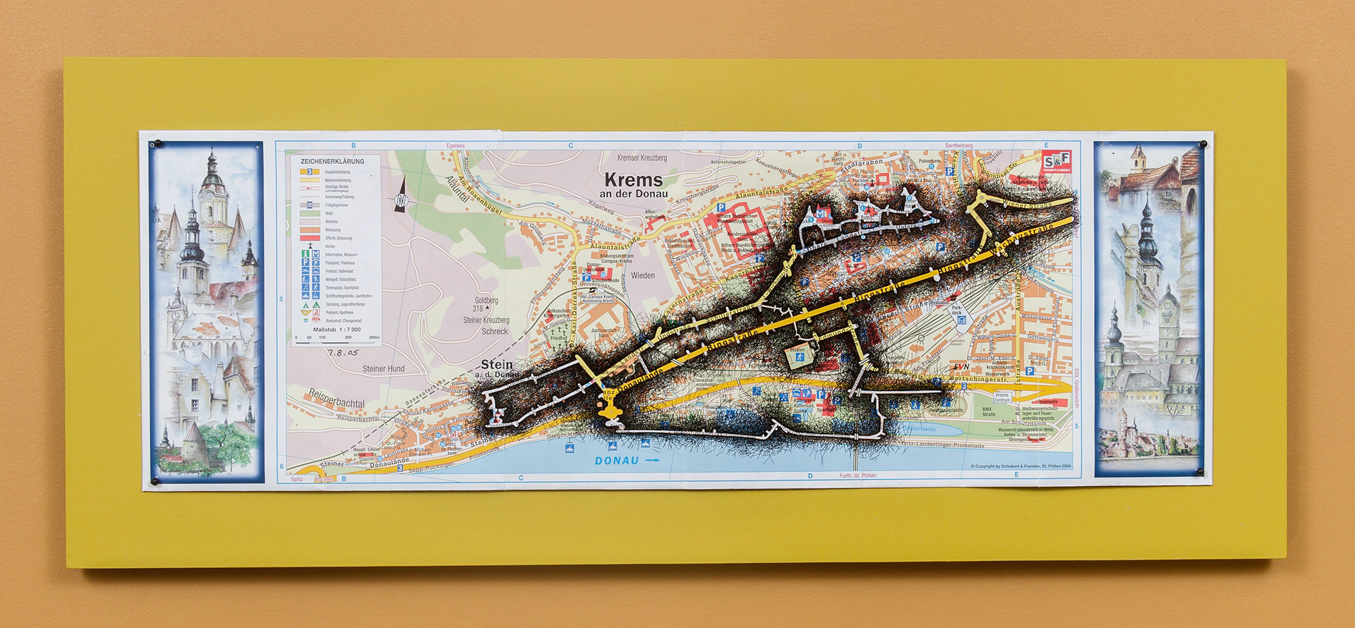 [K1a] Ant Farm Self-Portrait: Where did I travel within Krems-Stein, Austria from 25/7/05-18/8/05? - Day 14: 7/8/05, 2005-08 archival ink on tourist map pinned on painted wood panel 8 x 24 x 1 in (20.32 x 60.96 x 2.54 cm)
