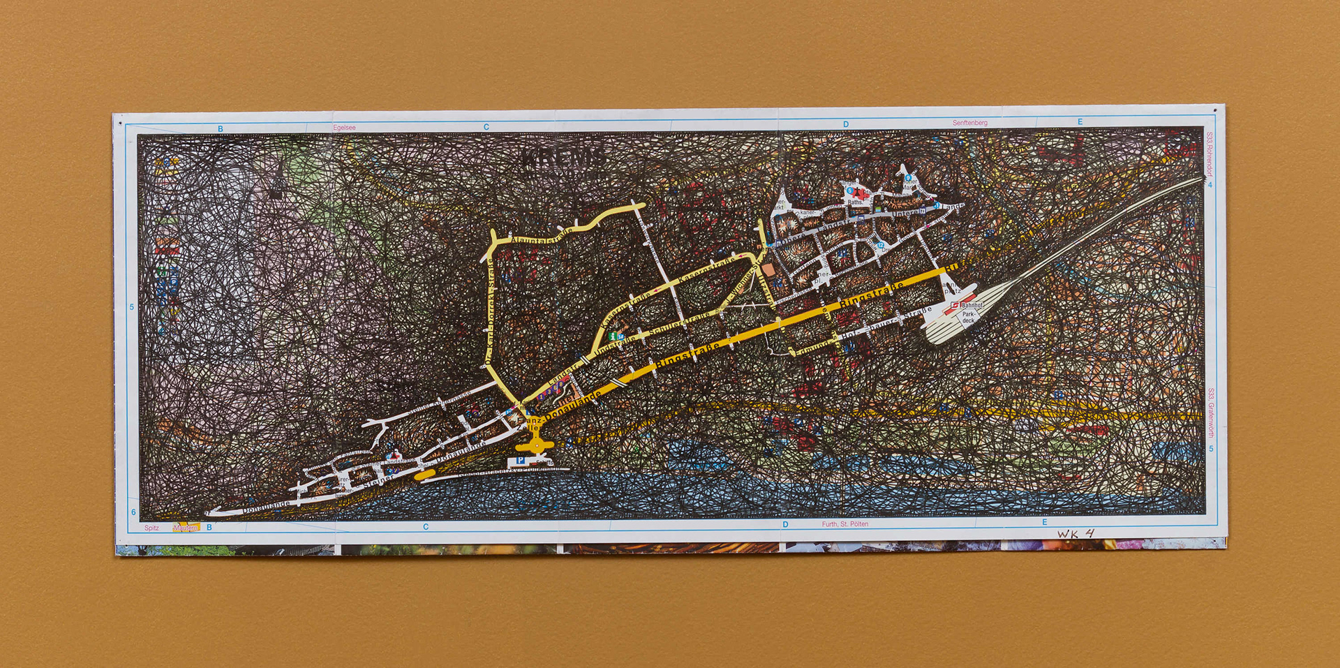 Ant Farm Self-Portrait: Where did I travel within Krems-Stein, Austria from 25/7/05-18/8/05? - Week 4: 15/8/05-18/8/05, 2005-08 archival ink on tourist map 8 x 20 in (20.32 x 50.8 cm)