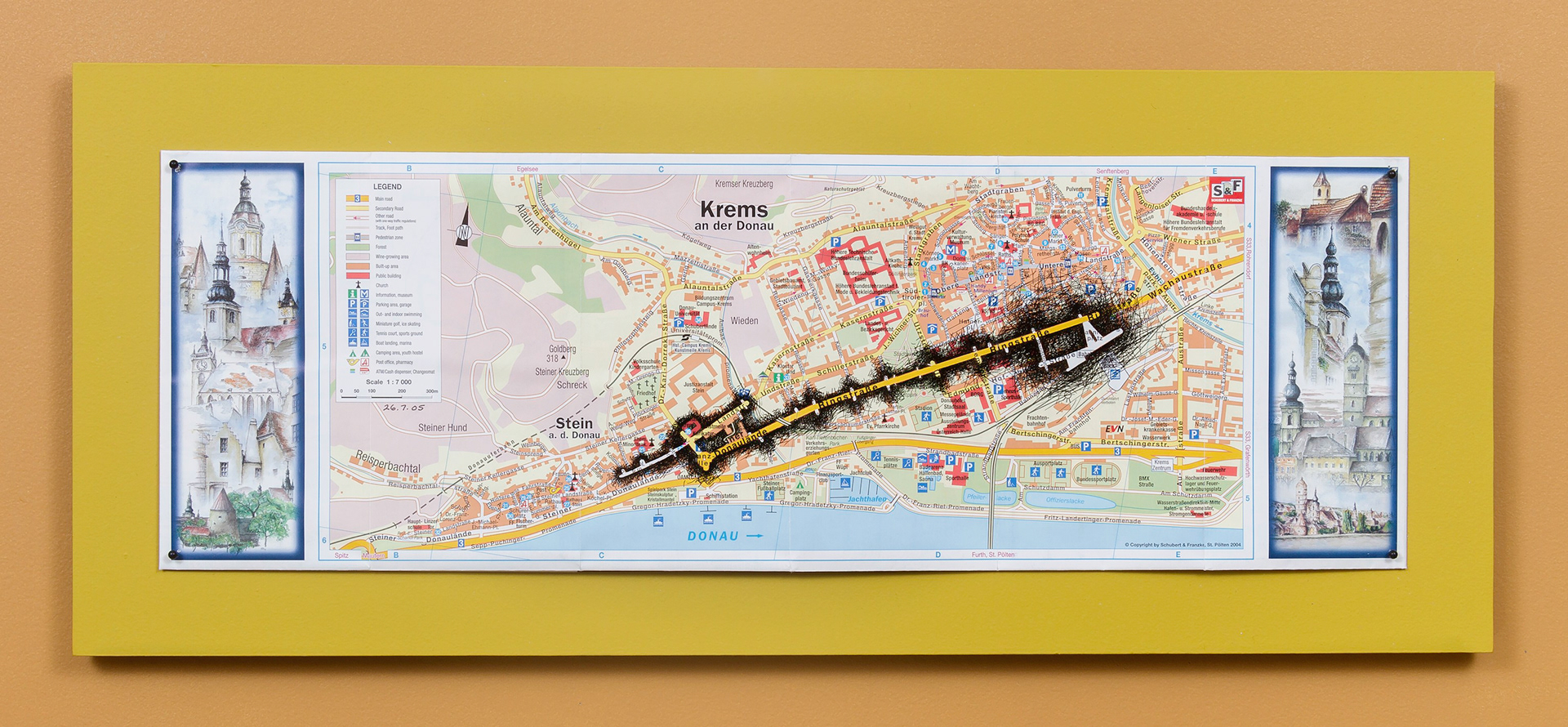 [K1a] Ant Farm Self-Portrait: Where did I travel within Krems-Stein, Austria from 25/7/05-18/8/05? - Day 2: 26/7/05, 2005-08 archival ink on tourist map pinned on painted wood panel 8 x 24 x 1 in (20.32 x 60.96 x 2.54 cm)