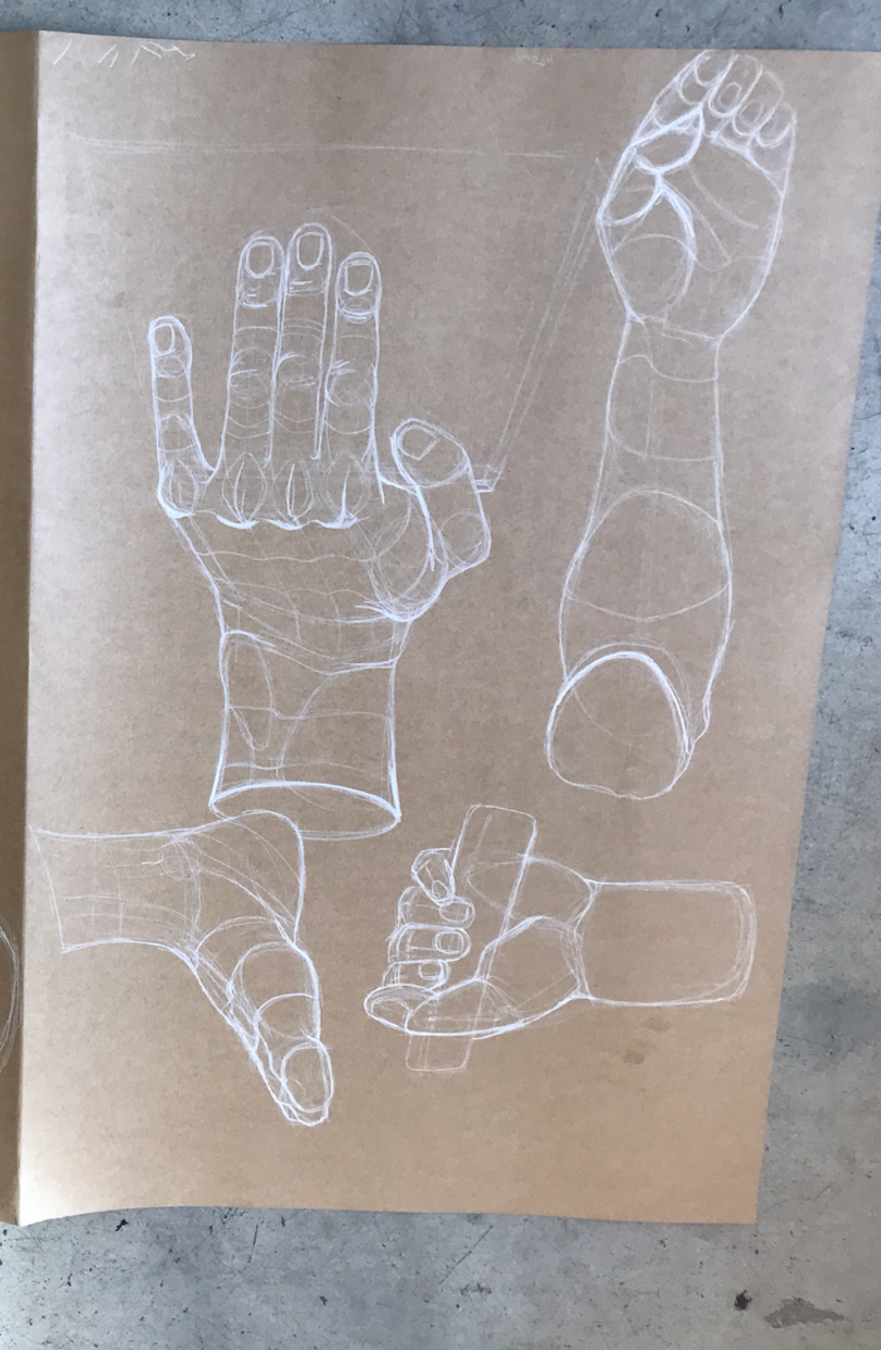 HAND AND FOOT STUDY- white charcoal on kraft paper- 29.7x 42cm- 2020