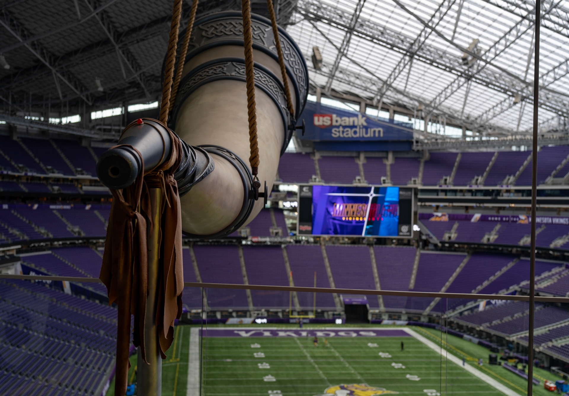 Minnesota Vikings Gjallarhorn looking out towards the field at U.S. Bank Stadium