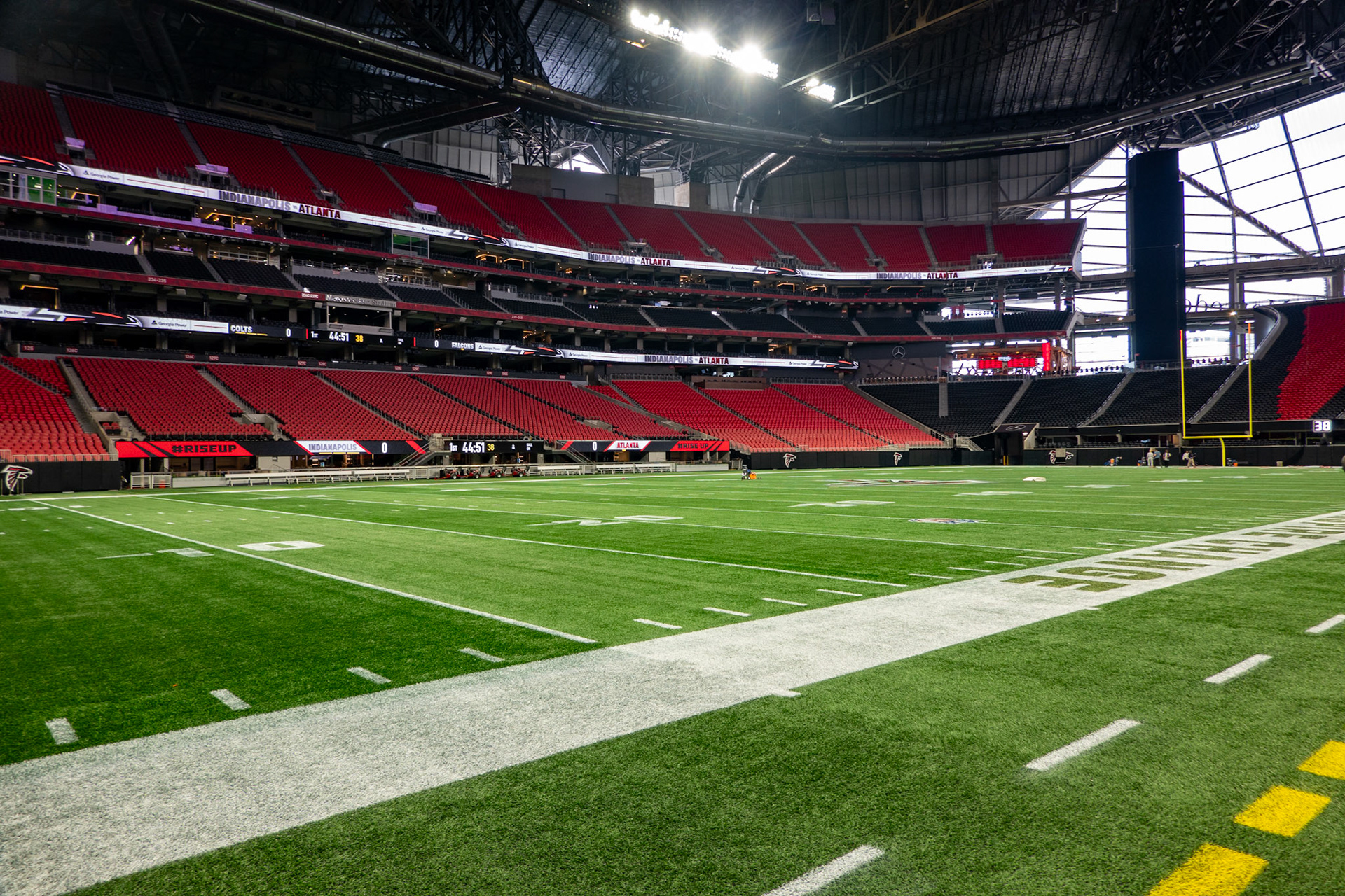 Field view inside Mercedes-Benz Stadium preparing for a game between the Atlanta Falcons and the Indianapolis Colts