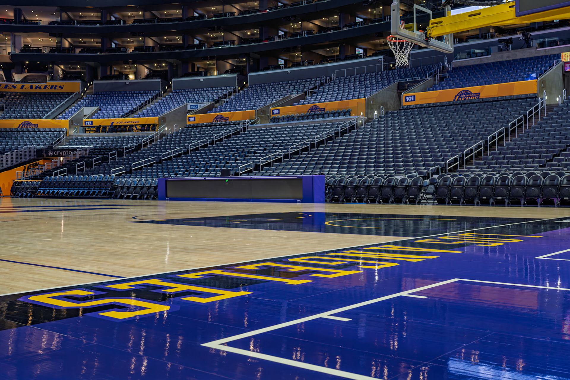 The Los Angeles Lakers City Edition court set up inside Crypto.com Arena