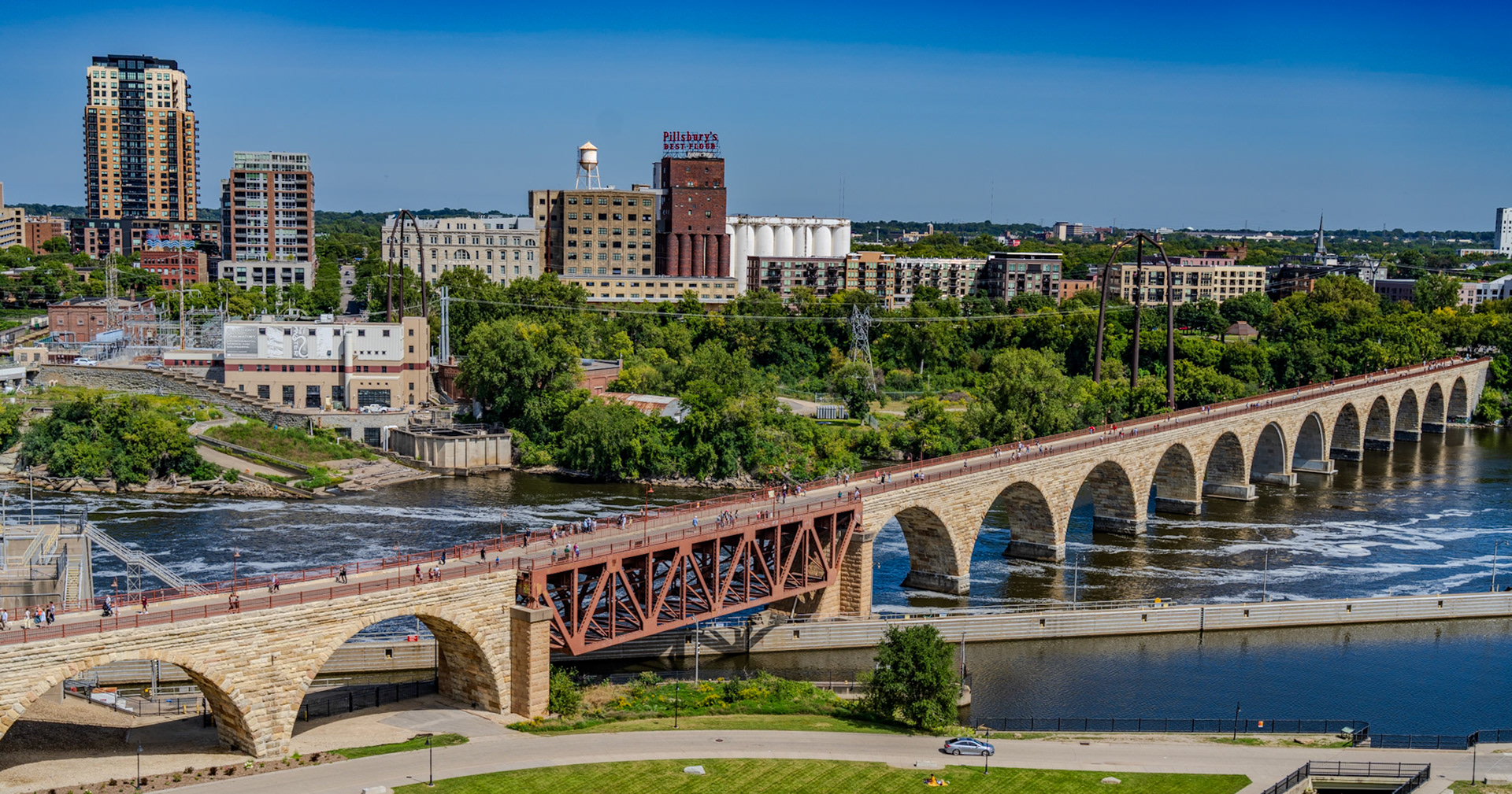 View of the Pillsbury's flour mill from the top of the General Mills flour mill across the Mississippi River
