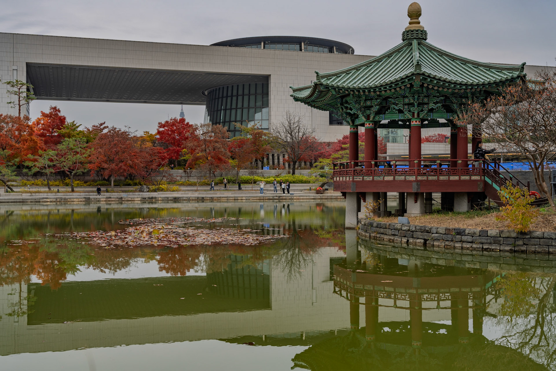 Fall colors at the pagoda garden in front of the National Museum of Korea. Seoul Tower in background.