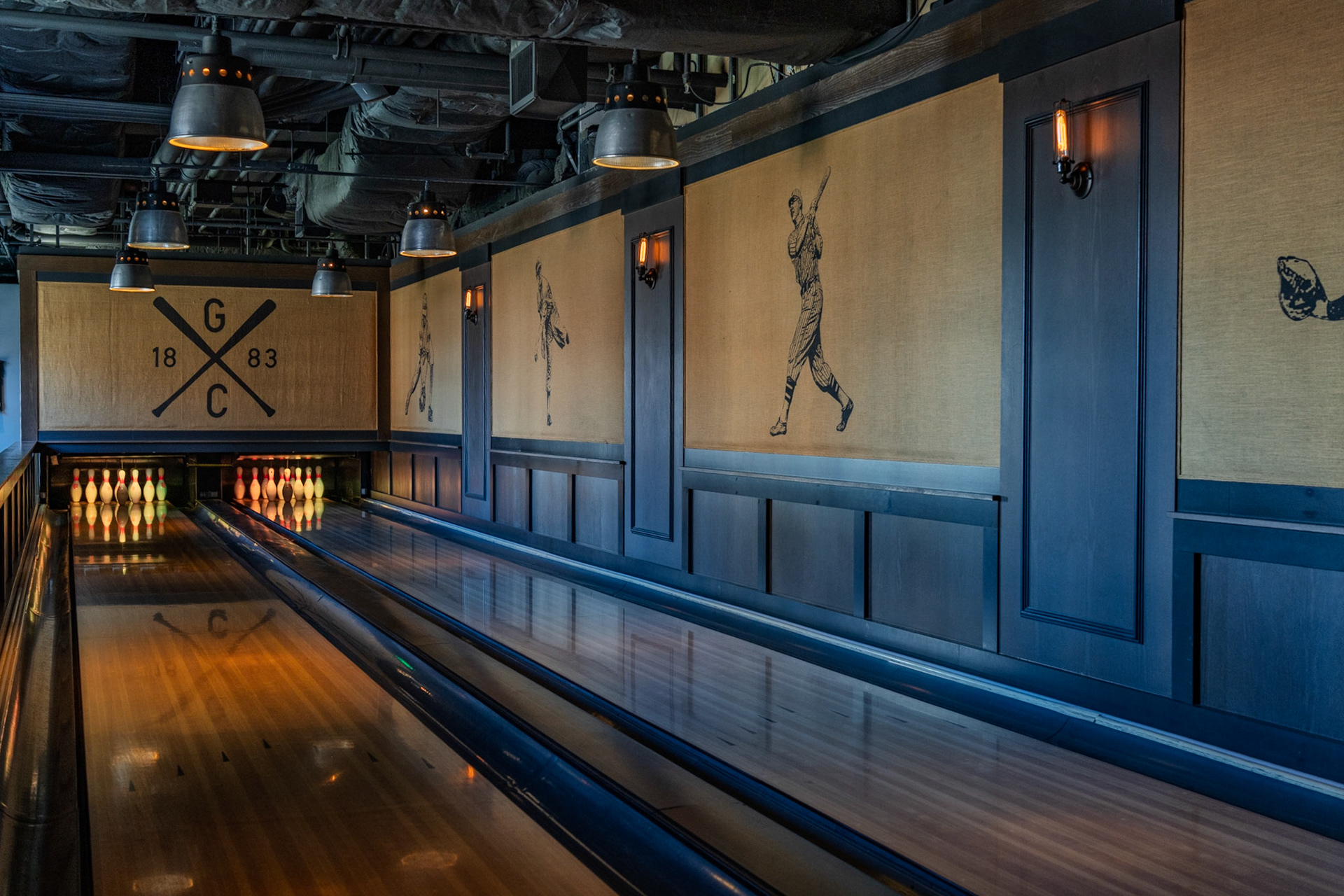 Bowling lanes inside the Gotham Club space on the suites level of Oracle Park