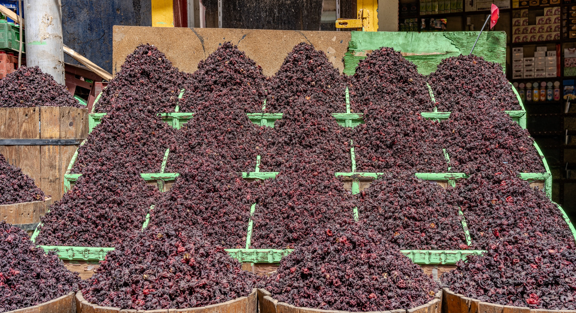 Barrels of hibiscus at the Aswan spice market