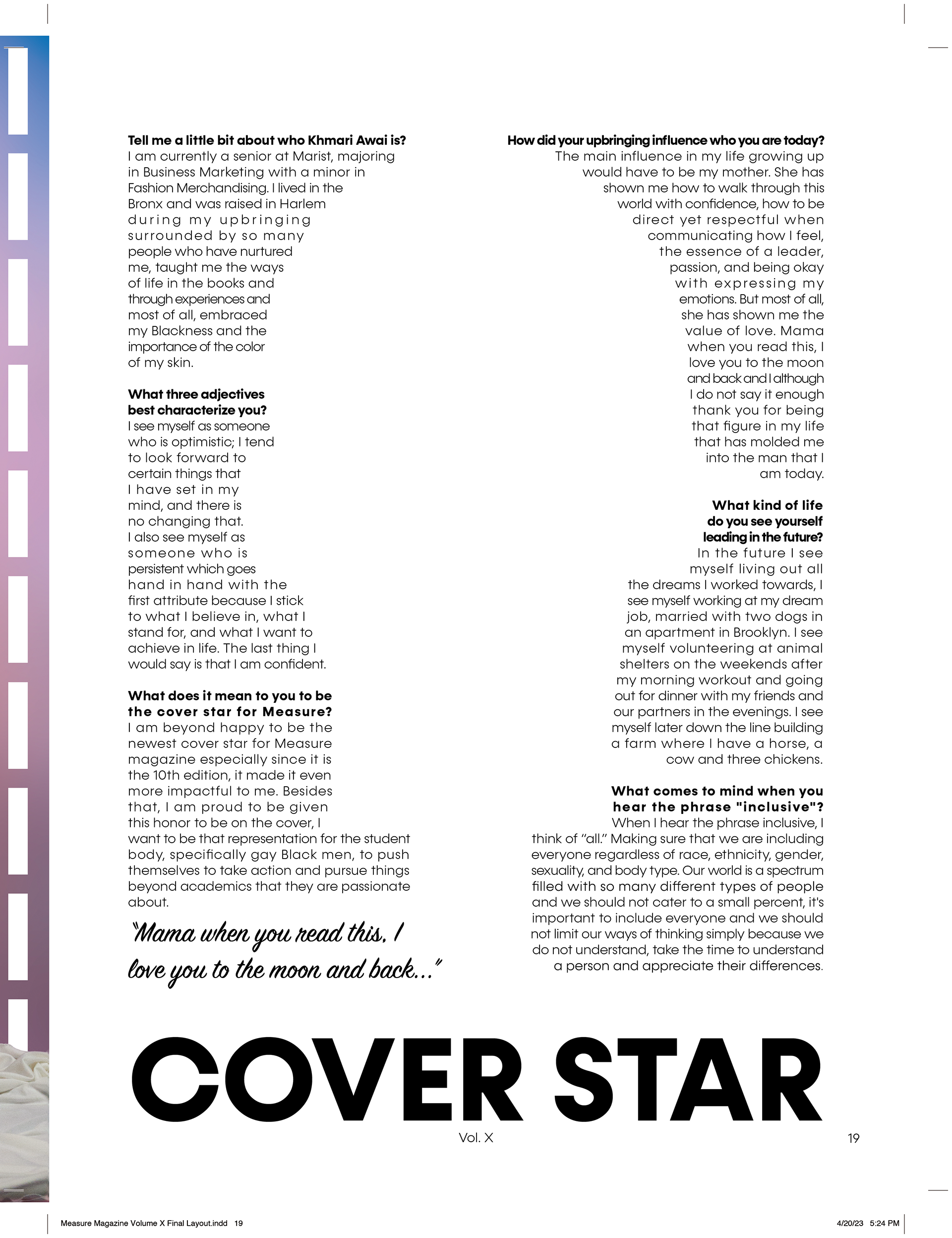 Second page for Cover star, text shaped around the persons head