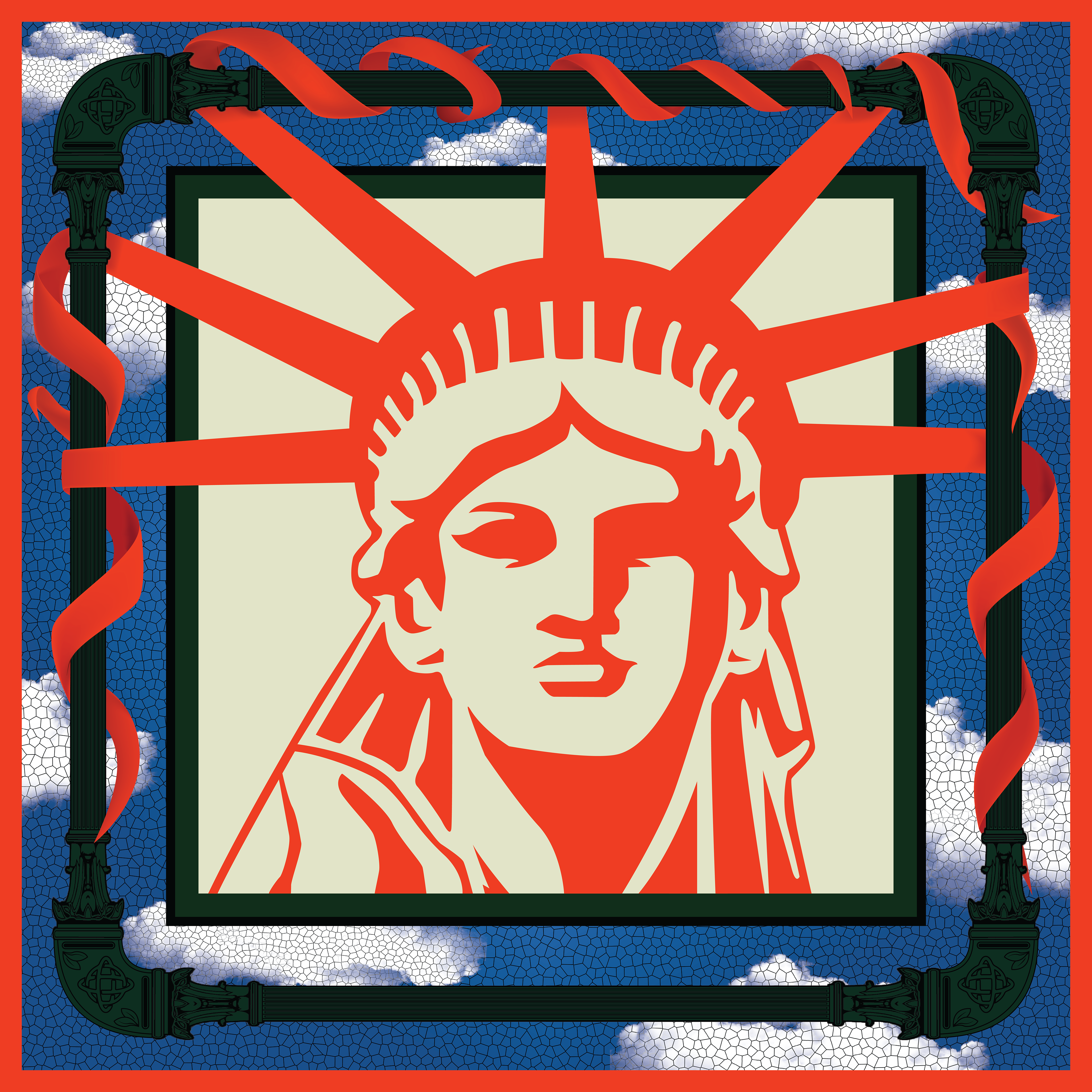 A Foulard based off of the 72nd street B/C subway station mural for John Lennon, done by Yoko Ono. The green pillars going around are designed off of street lamps in NYC.