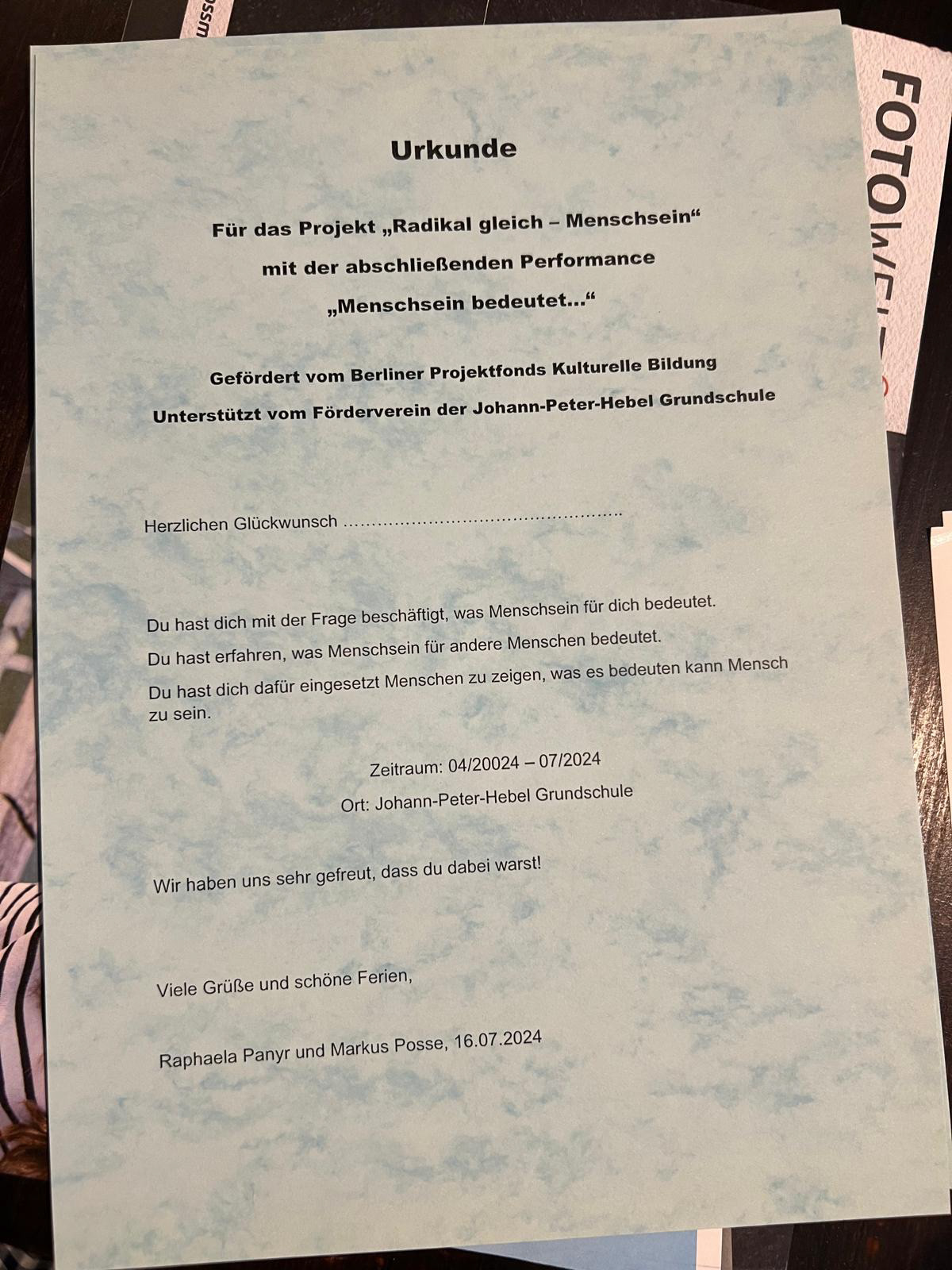 certificate of participation for the pupils involved in the project "Radically Equal - What it Means to be Human"