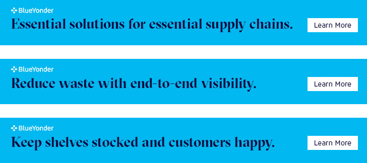 Ad 1: Essential solutions for essential supply chains. Ad 2: Reduce waste with end-to-end visibility. Ad 3: Keep shelves stocked and customers happy.