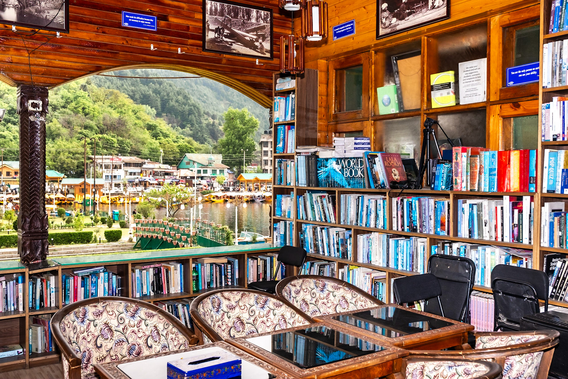 Gulshan Books bookshop on Nehru Park island, Dal Lake. Srinagar, Kashmir, 2019.
