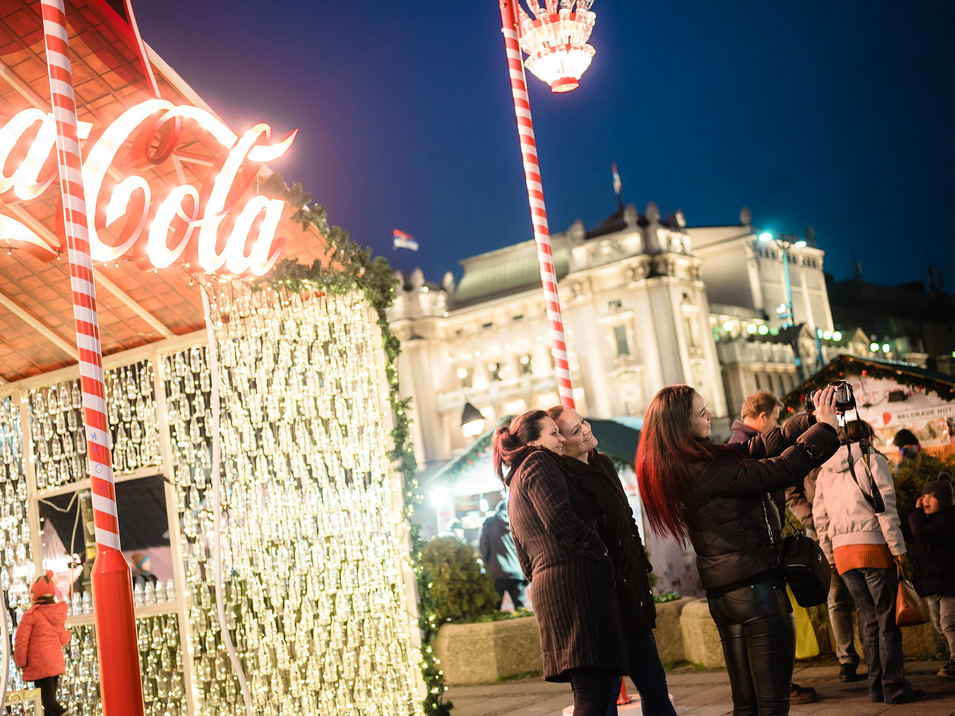 Coca Cola photo booth at Trg Republicke (Republic Square) at Christmas time.