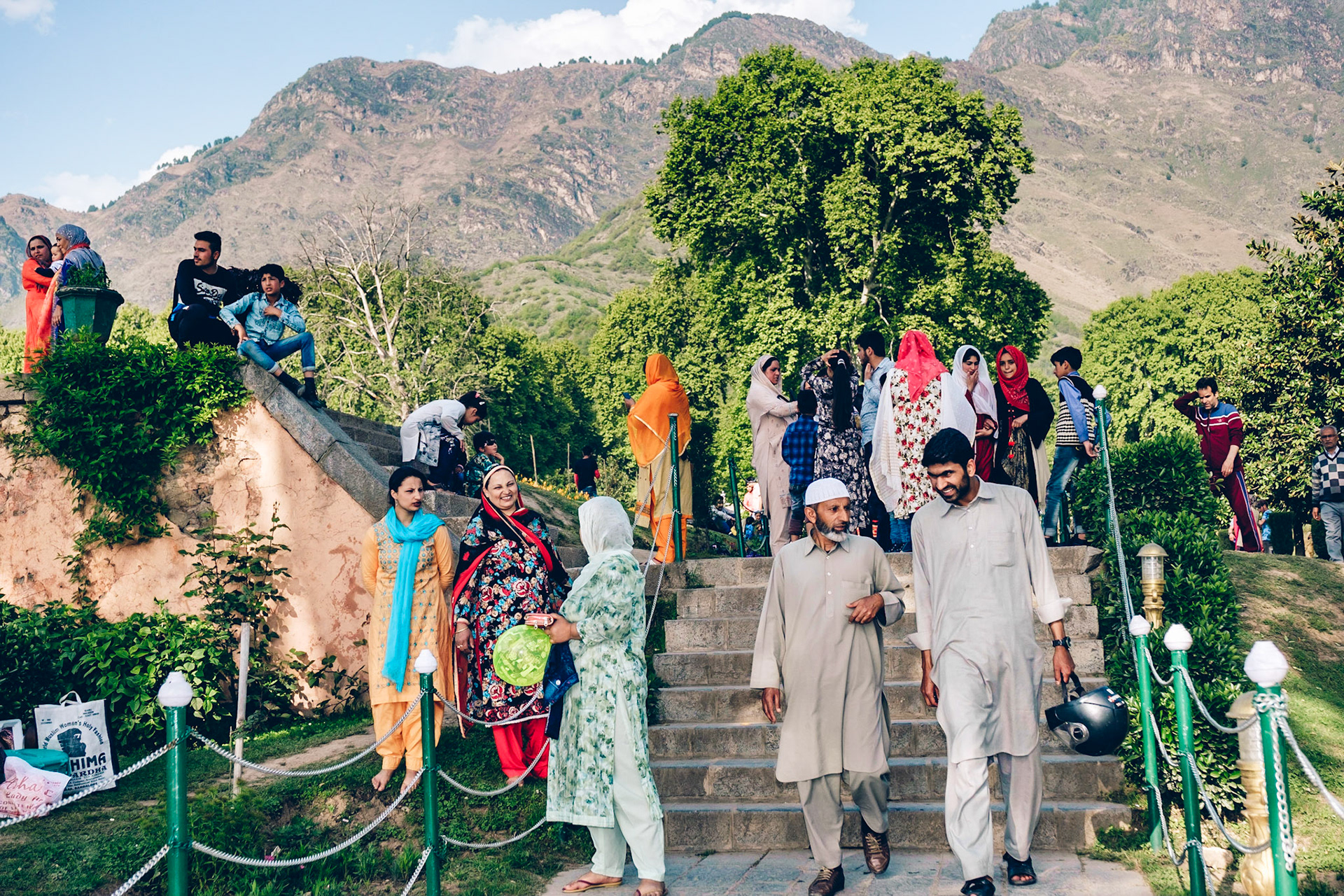 Nishat gardens on a Sunday afternoon. Srinagar, Kashmir, 2019.